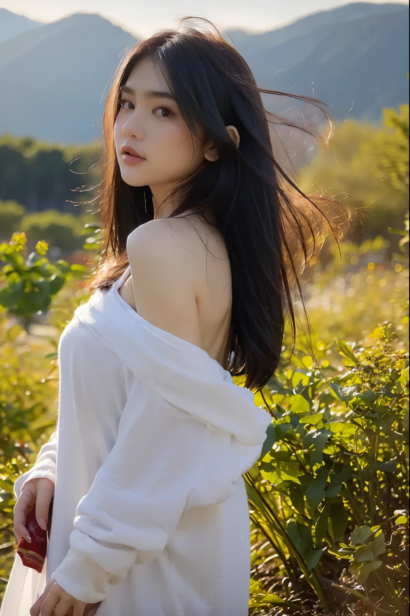 (masterpiece, best quality:1.2, 8k RAW photo, 1girl, solo, natural soft lighting), medium breast, standing in flower field, mountains background, upper body, looking at camera, the wind is flowing her hair