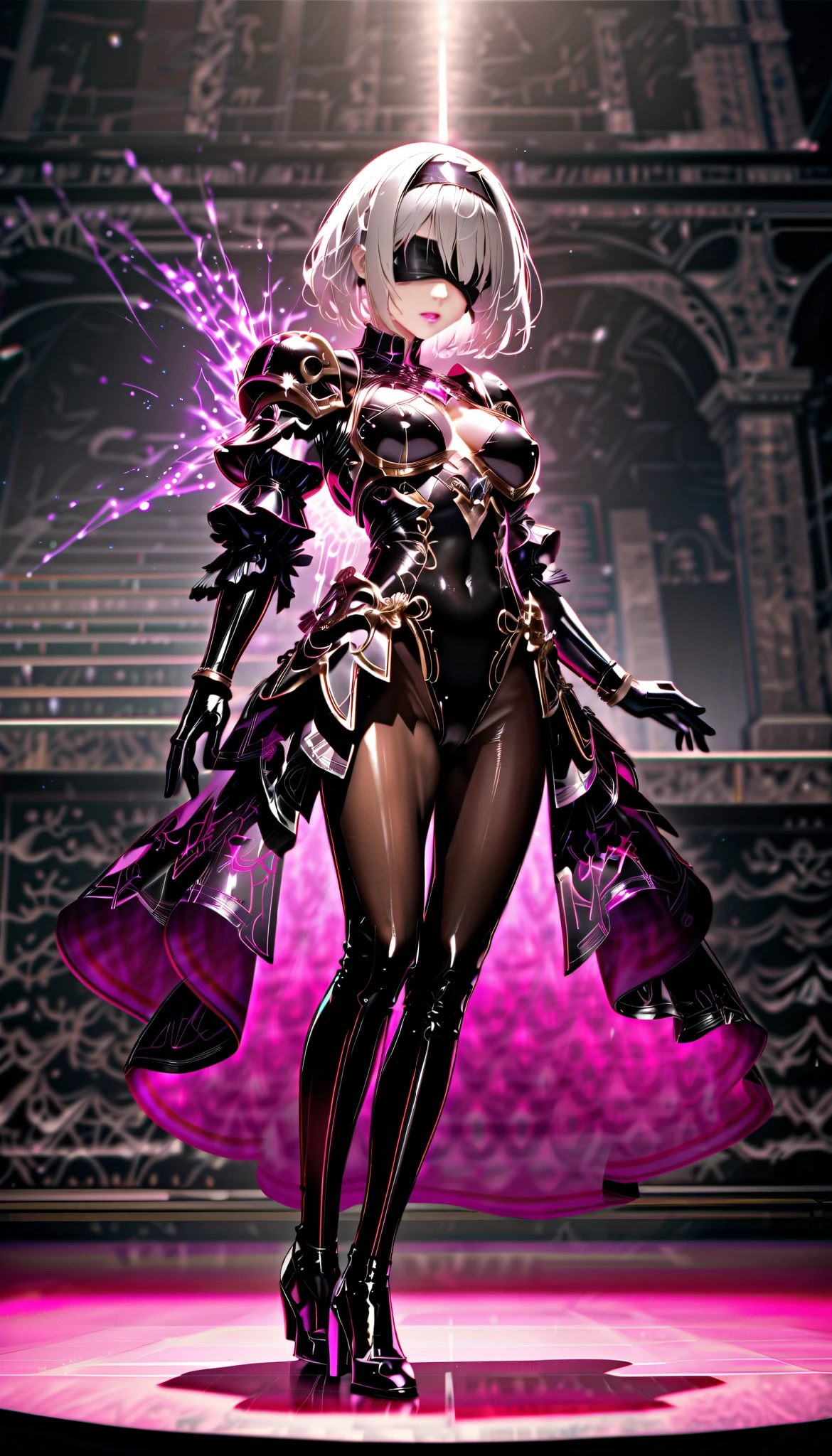 ( one girl, Alone, Alone), (Detailed depiction of Yorha's .2 Type B, 2b, one girl, Alone, short hair, gray hair, hair band, blind fold above gemst, Cover your eyes , black blind fold above gemst), ((Alone, ( 1 Woman , pink lipstick in it ), very detailed , Soft Indirect Lighting , 4K, perfect eyes, perfect face, perfect lighting, first girl )), (( fitness , , nice looking body , big and firm bouncing bust )) , ((armor, black skirt, black swimsuit, bodysuit , gold detail, gem, diamond, emerald, sapphire, Ruby, amethyst, high heels, More silver , angel, angelic, Magi , , Casting a Spell, well-shaped abdomen , Muscular Abs))