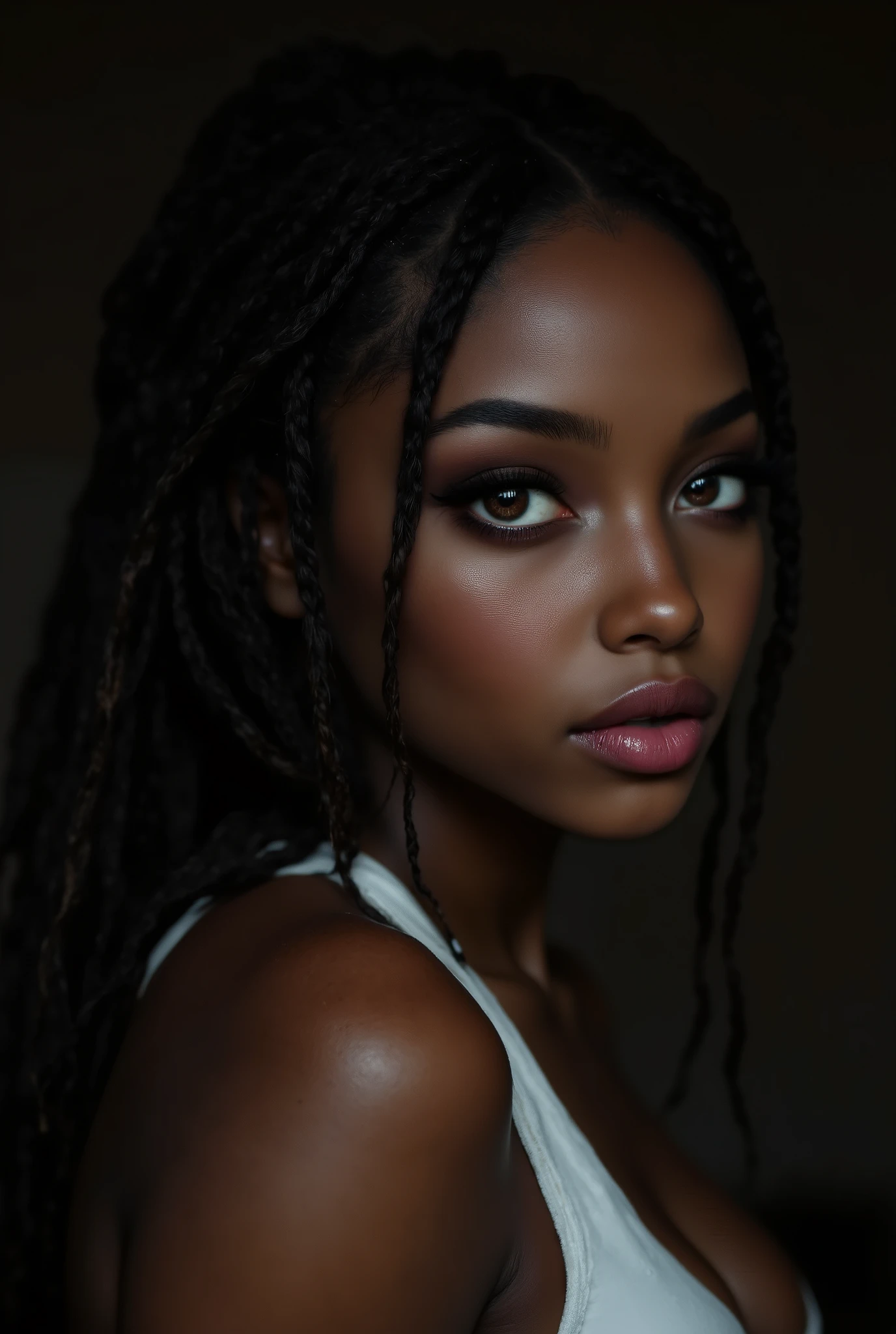 ( highdefinition images、Pro Work 、Artistic、 The Greatest Masterpiece、 Draw realistically accurately with detailed details 、 Detailed texture :1.2)、( beautiful in a dark room 17--old ck girl 、 braided hair in the savannah 、(Sexy and attractive black people、The eye invites )、Small chin、 big eyes、 Feeling slightly apart between eyes 、( big eyes)、Beautiful Nose、Thick lips、(Beautiful dark skin 、 expresses skin texture in detail down to pores )、(( and look up your profile、 white bra top、The background is a dark room )):1.5)