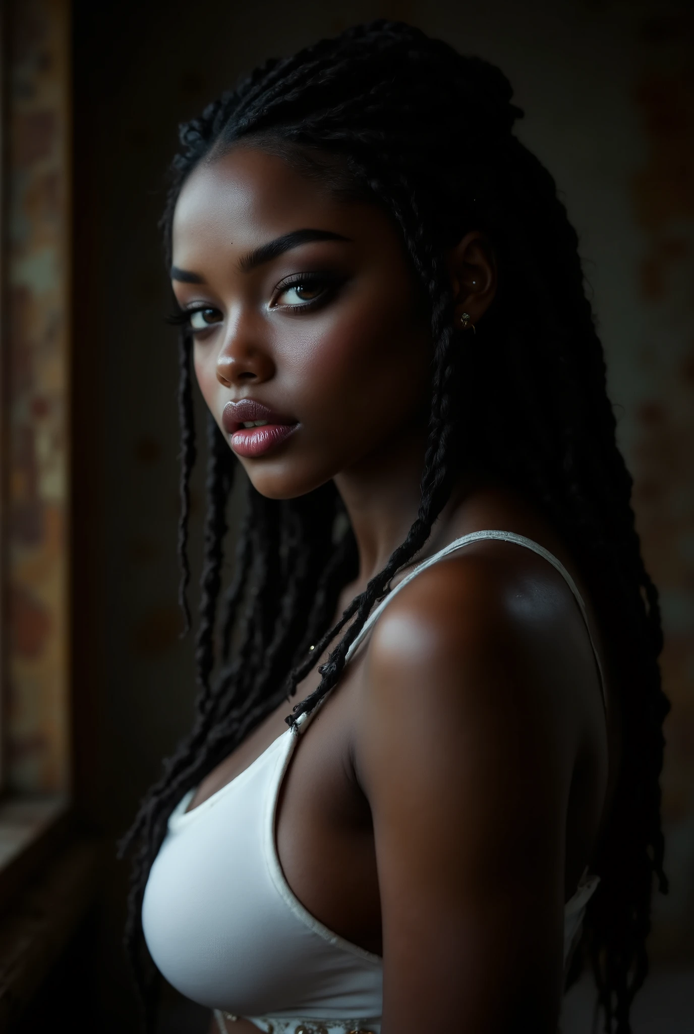 （ highdefinition images、Pro Work 、Artistic、 The Greatest Masterpiece、 Draw realistically accurately with detailed details 、 Detailed texture :1.2）、（ beautiful in a dark room １7--old ck girl 、 braided hair in the savannah 、光に照らされている美しい and look up your profile、Small chin、 big eyes、 Feeling slightly apart between eyes 、（ big eyes）、Beautiful Nose、Thick lips、（Beautiful dark skin 、 expresses skin texture in detail down to pores ）、(( and look up your profile、 white bra top、The background is a dark room )):1.5）