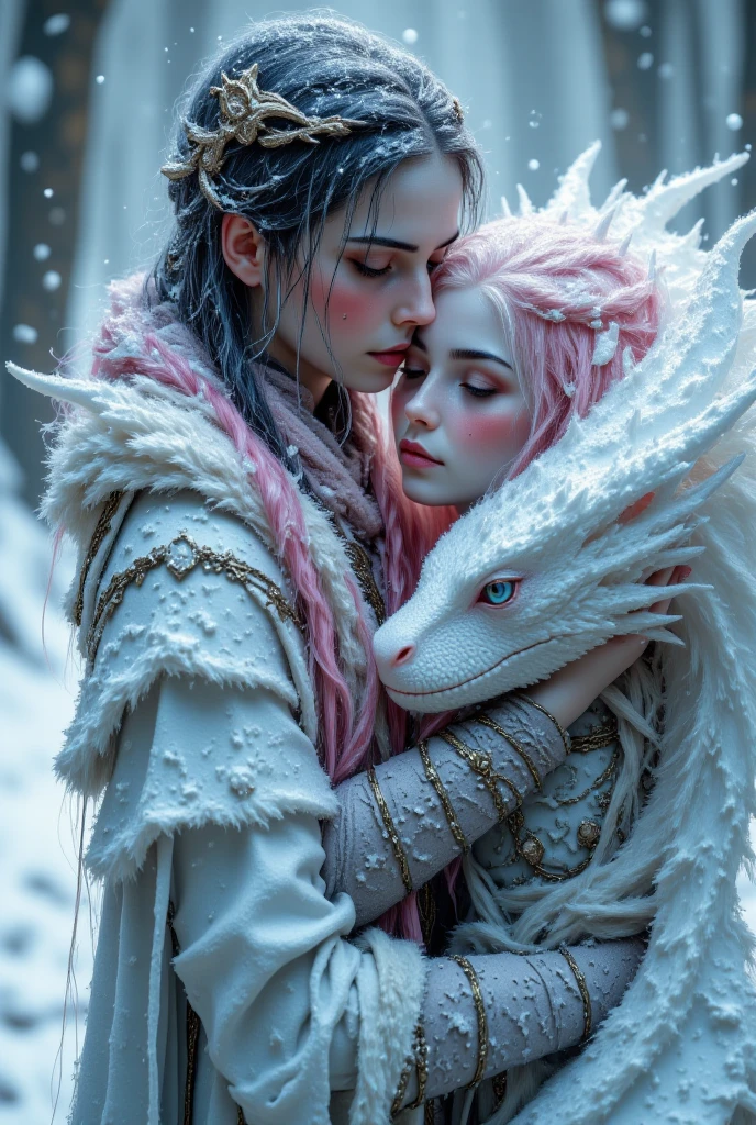 Beautiful young woman, long hair pink and black hair,winter outfit, realistic blue eyes, supernatural - fantasy animal Small baby withe dragon Snow white, fantasy realistic,She takes him by the arm & cuddle her snow withe Drogen, she kiss him on the cheek