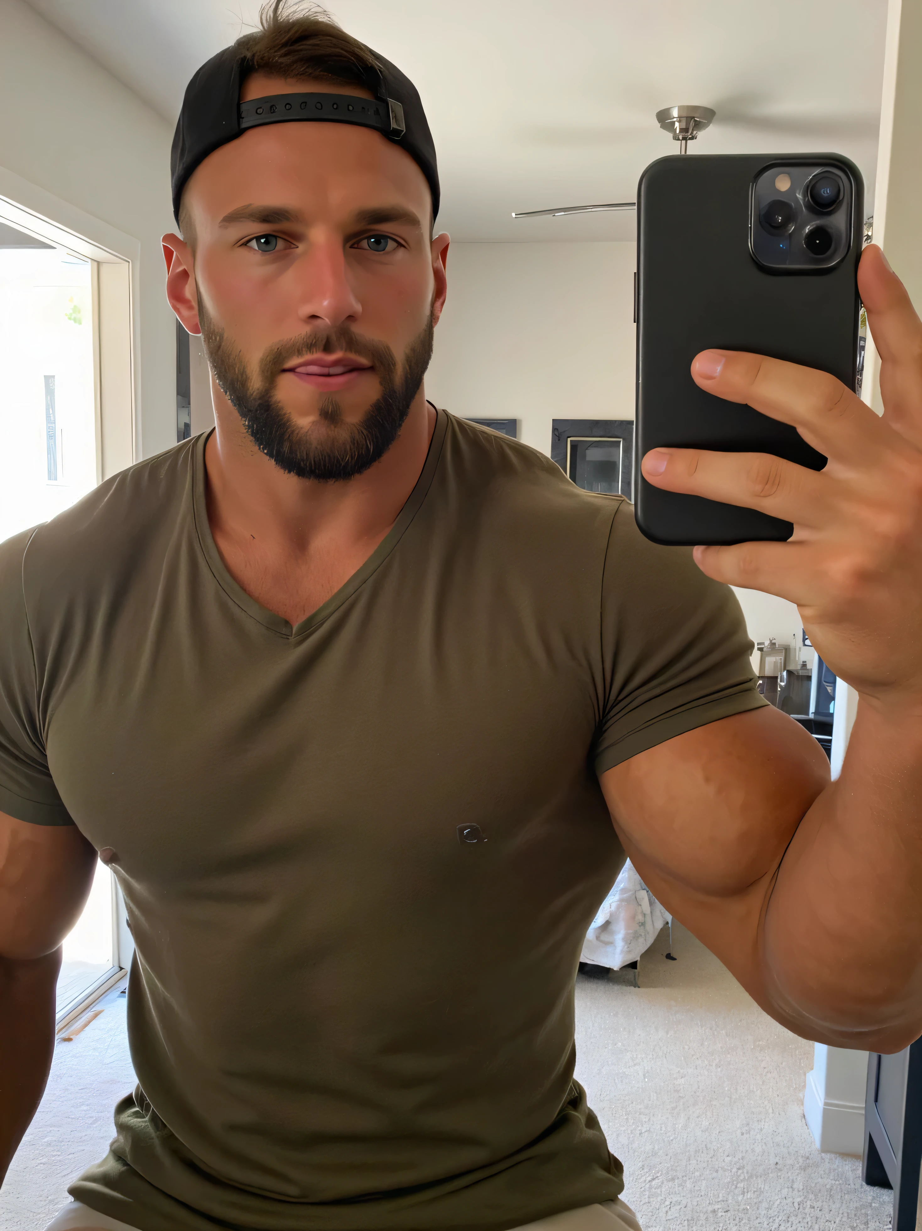 ericjanicki a man taking a selfie. he is handsome. he is muscular. he is a bodybuilder. he is wearing a green t-shirt. he is wearing a black backwards cap.  he is looking foward. he is looking straight ahead. he is smiling. he is sticking his tongue out of his mouth. he is in a bedroom. it is daytime. A portrait to handsome stepdaddy's chat respectfully types with his handsome little man is sitting talking about the  realistic and handsome man in human's life with him bigger man is so handsome and amazing knowledge . Photograph of a very realistic men in full body shot view , powerful expression of masculinity, handsome, (Beautiful half normal bulging and half realistic full body muscular:1.5) (( very expression quality details)),   (very white skin:1.4), (handsome:1.5), showing off his toned physique. (Full body photo:1.5 ), (((his  is covered with short hair))), and (((his realistic navel is slightly hairy))). (Very hyper-realistic:1.4), (((white skin))) ,  FUHD,  (Anatomically Correct:1.4),  Masterpiece,  (((High Quality))),  HD,  very Accurate  , (Very beautiful and realistically very humanized character:1.5) 