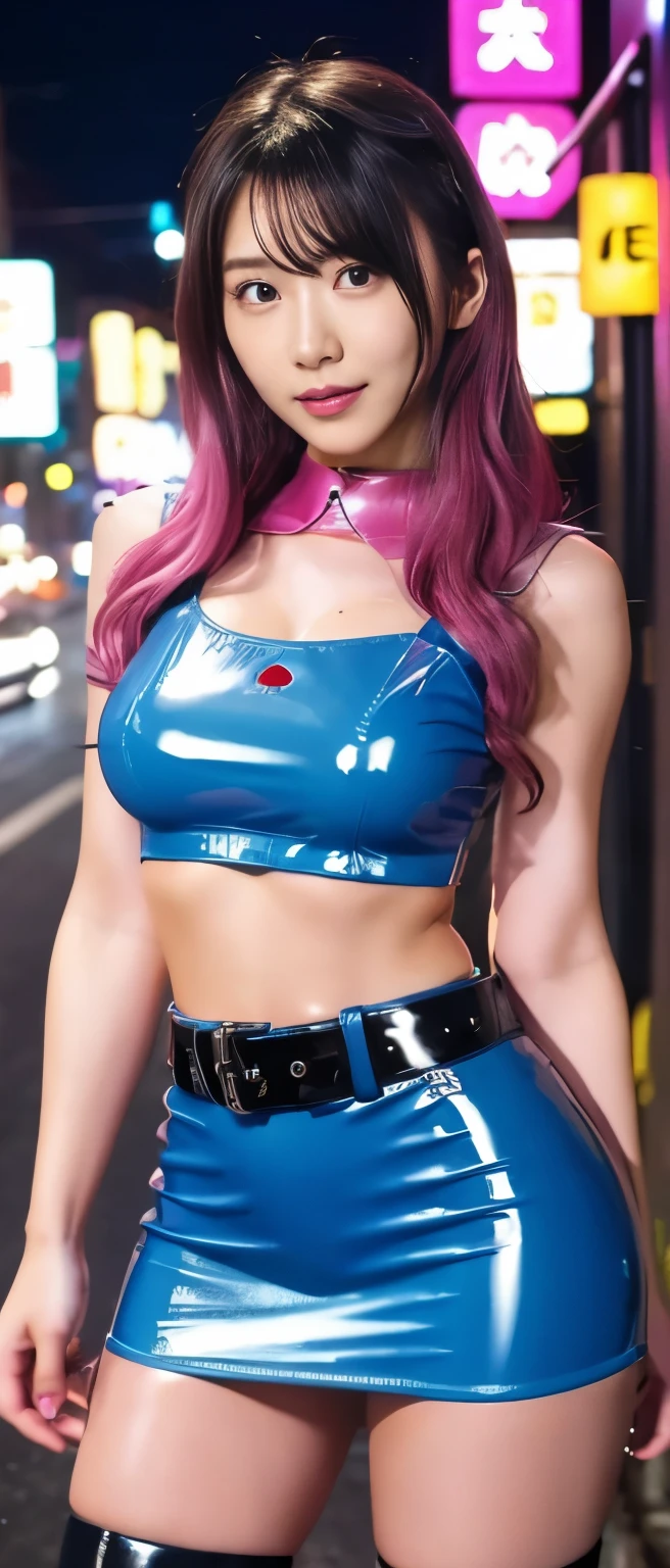 pure idol girl(flashy wavy hair)、A pure girl's face、Tanned Thick Legs 、pink latex miniskirt、blue punk shirt、 Cyberpunk Night City 、Wild Belt