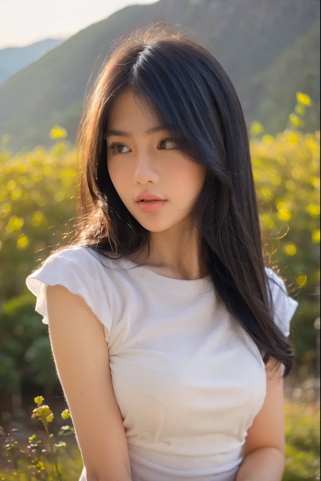 (masterpiece, best quality:1.2, 8k RAW photo, 1girl, solo, natural soft lighting), medium breast, standing in flower field, mountains background, upper body, looking at camera, the wind is flowing her hair