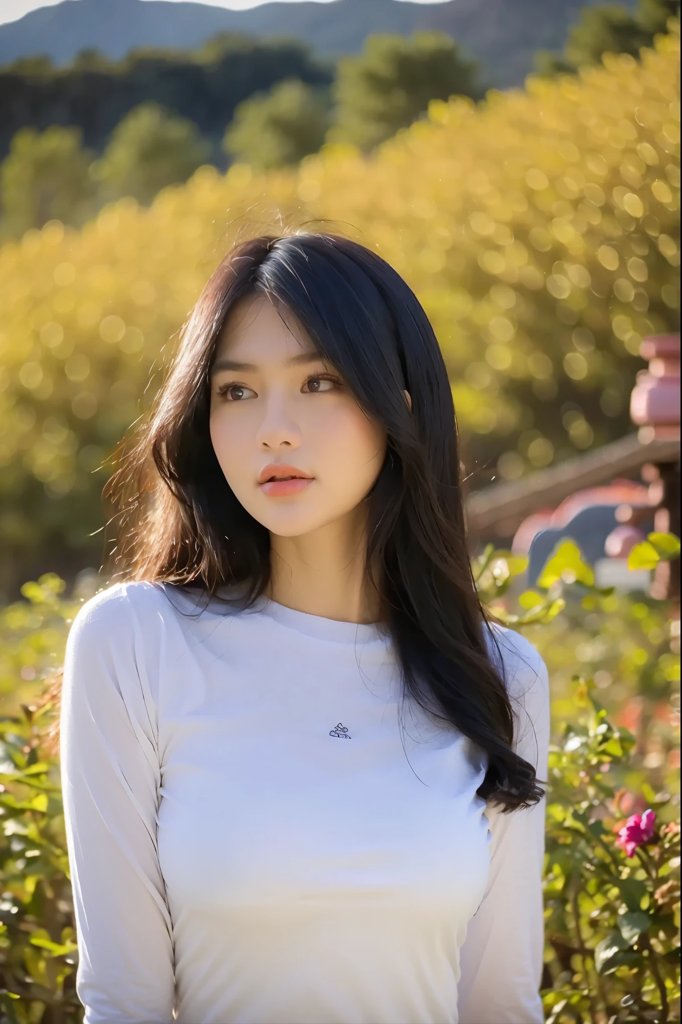 (masterpiece, best quality:1.2, 8k RAW photo, 1girl, solo, natural soft lighting), medium breast, standing in flower field, mountains background, upper body, looking at camera, the wind is flowing her hair