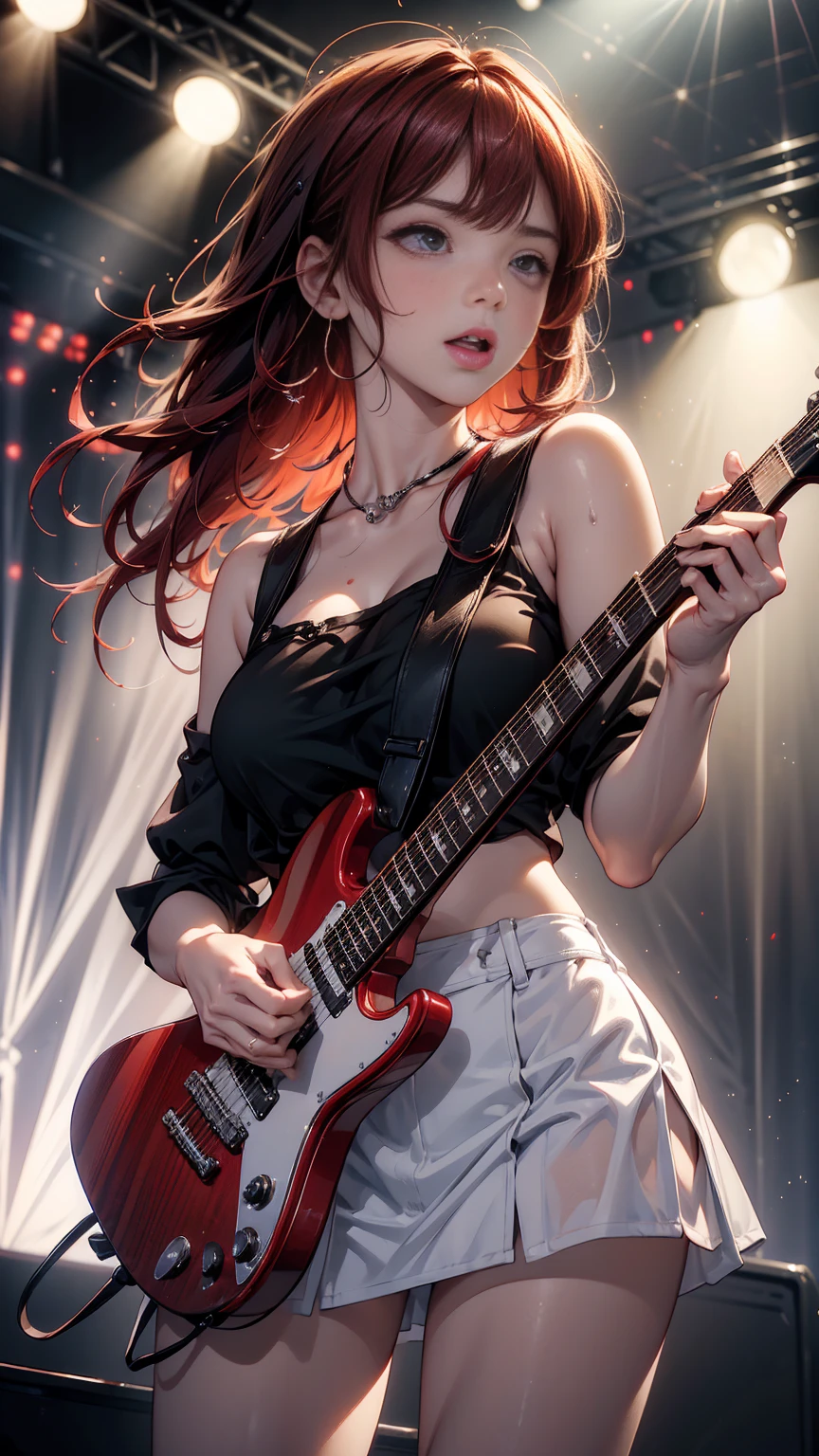 super high quality, 8k, RAW photo, realistic, hide your body with an electric guitar, beautiful sexy woman, forehead, hime cut, full makeup, red sexy thick lips, amorous expression, lewd expression, sitting, large breasts, slender, great proportion, background dark fantasy, scattered golden confetti, professional flare lighting