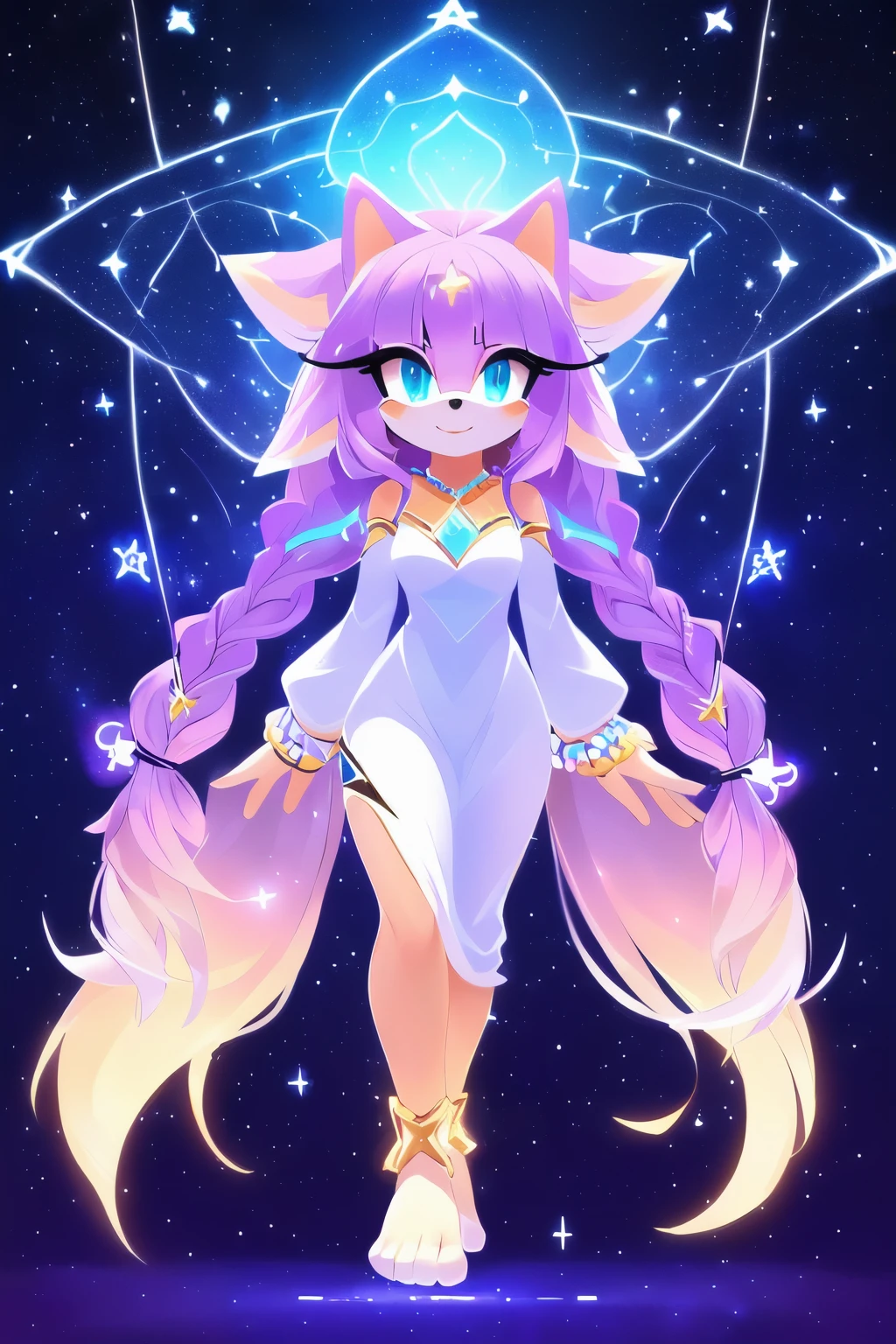 Sonic oc, Mobian, Sonic the hedgehog but female and white, female, Cosmic entity hedgehog, A beautiful whitish furred hedgehog, white furred, blue eyes, very long hair/quills, braided and beaded long hair bangs, long streaks of hair on each side of her face, (star constellation on hair, beads on hair, smooth fur, slim thick hourglass body, slim fit, wearing a long white garment, star markings on the left cheek, hair decorated with rings, flowing hair, glowing marks on feet, mother
