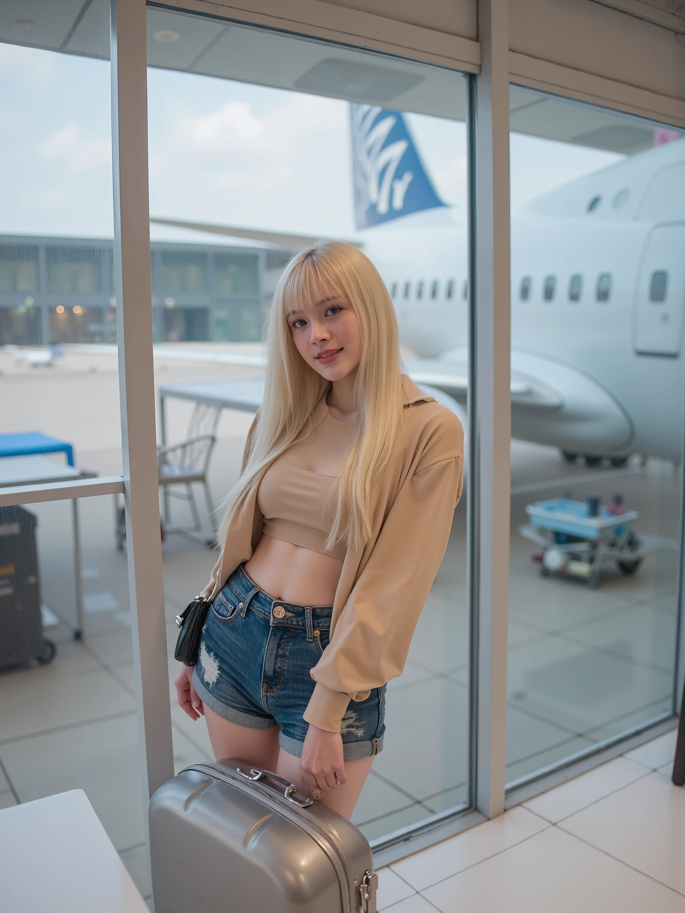 [Subject]:  A Thai woman with long blonde hair with fringe (naturally straight), standing near a gate at Bangkok airport.

[Details]: She is wearing a stylish beige cropped top  and high-waisted denim shorts. Her outfit is paired with a black YSL crust bag at her shoulder. She is holding the handle of her sleek silver luggage, which stands upright beside her.

[Environment / Background]: The airport gate area, with large mirror windows revealing an aircraft, parked at the pit in the background. The reflections from the glass show subtle activity on the tarmac, with ground crew and equipment visible. Inside, the area is spacious and modern, with sleek seating and soft lighting.

[Lighting]: Bright natural light coming through the large windows, complemented by soft interior airport lighting. The reflections in the glass add depth and realism to the scene.

[Style]: Photorealistic, with emphasis on the details of her outfit, the luggage, and the dynamic airport setting.

[Mood / Atmosphere]: Excited and travel-ready, capturing the anticipation of a journey. Smile at camera.

[Camera Angle]: Mid-shot capturing Airin standing with her luggage while including the aircraft and gate area in the background.

[Quality & Resolution]: Ultra-high definition, 4K clarity.

[Other Specifics]:. Her expression is relaxed and confident, as if waiting for her boarding call.