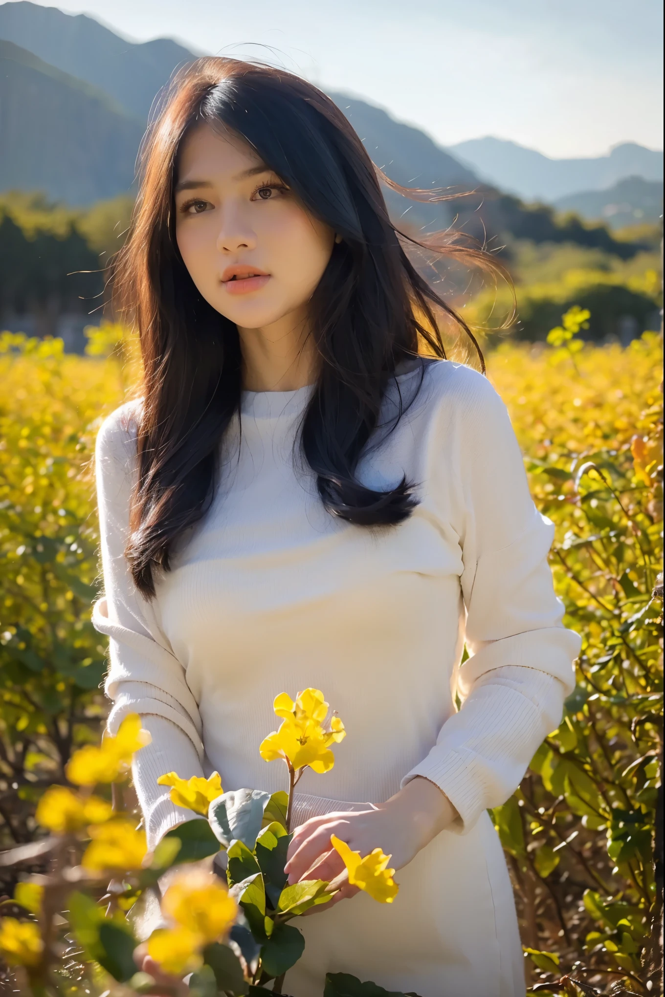 (masterpiece, best quality:1.2, 8k RAW photo, 1girl, solo, natural soft lighting), medium breast, standing in flower field, mountains background, upper body, looking at camera, the wind is flowing her hair