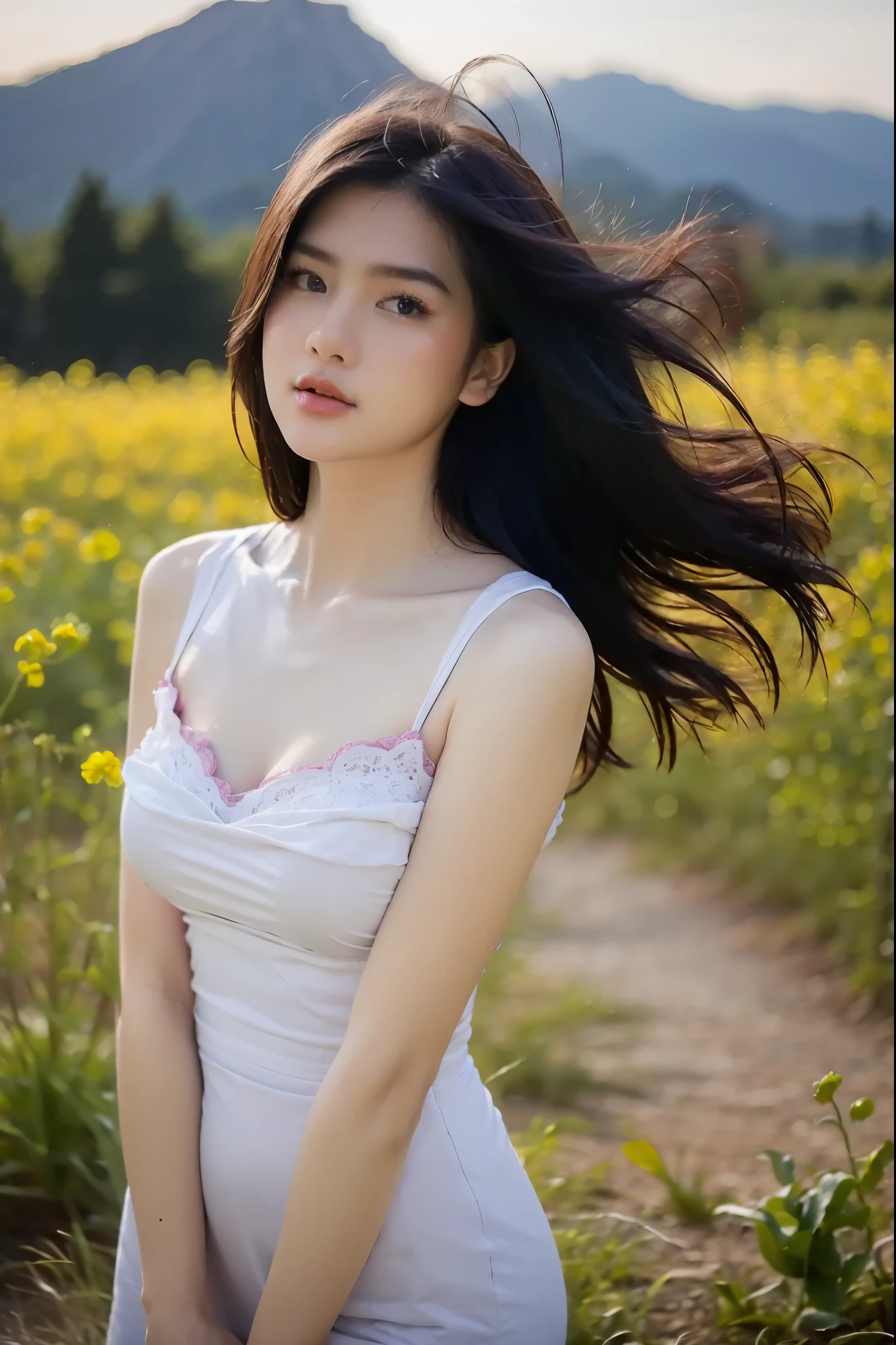 (masterpiece, best quality:1.2, 8k RAW photo, 1girl, solo, natural soft lighting), medium breast, standing in flower field, mountains background, upper body, looking at camera, the wind is flowing her hair