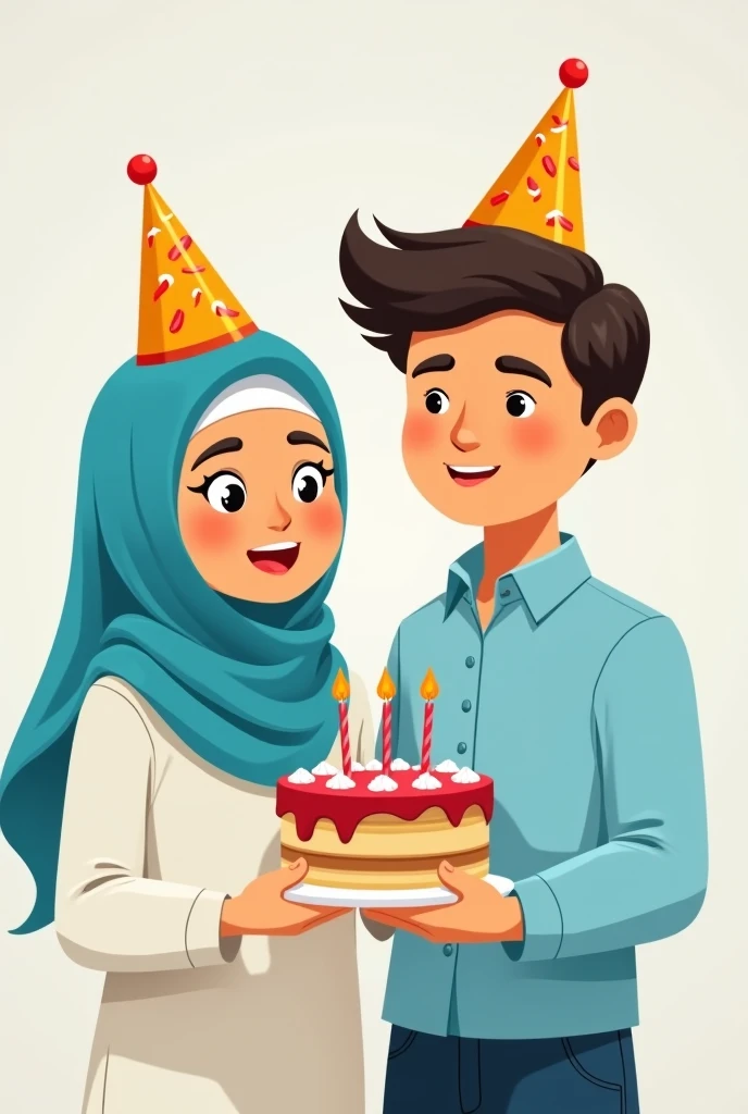 drawing of a cake, with a young couple with a slight smile where the woman is white with straight black hair and the man is black with curly black hair, as if it were a cartoon, the boy can't have a beard and the girl wearing grey hijab. the drawing has to be animated but a little realistic, the couple has to be leaning against each other and holding the cake smiling, nothing too childish. the couple has to look like they are . the boy's hair is curly and defined, while the girl has happy facial expressions but not too much, just a slight smile 