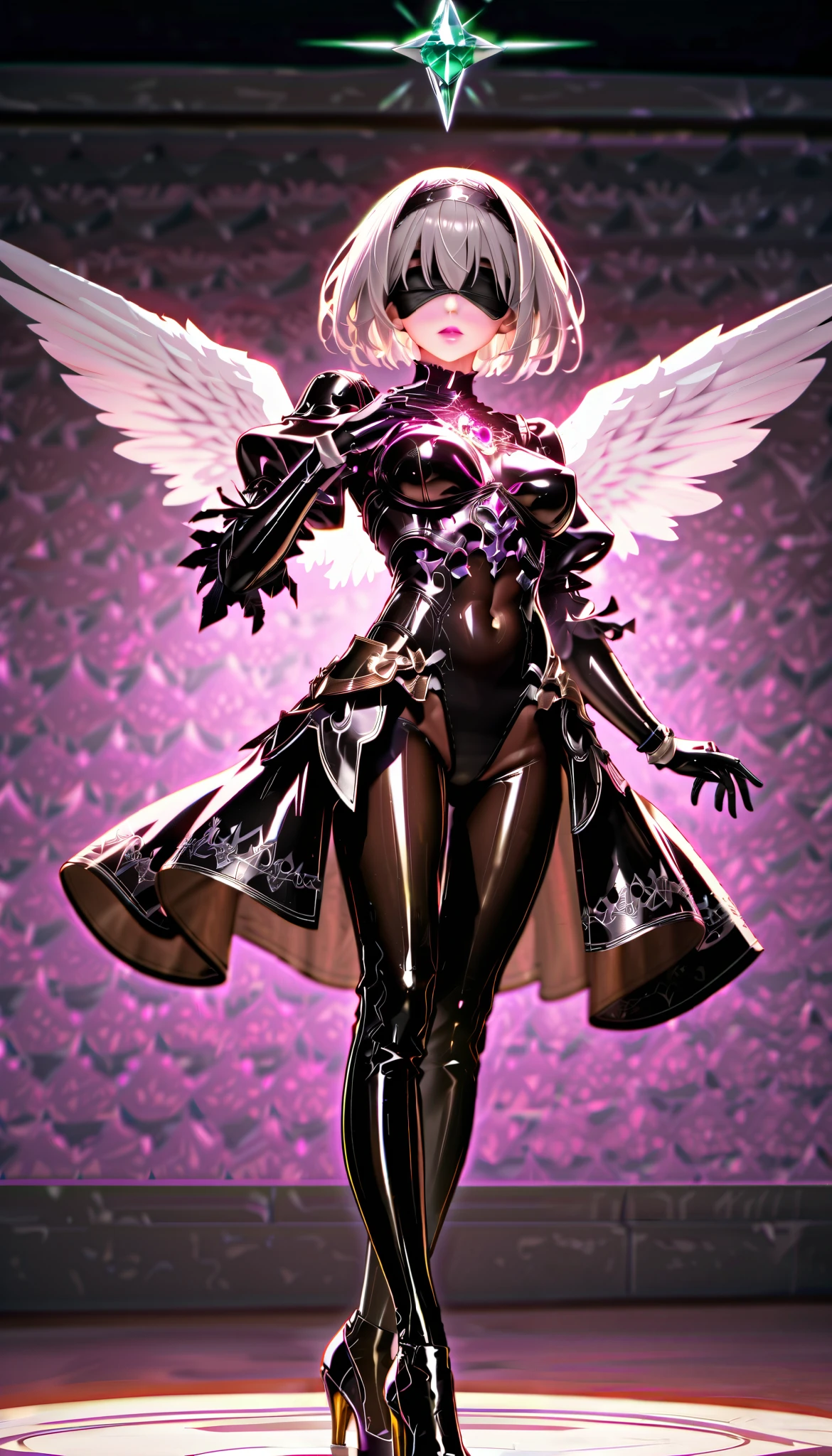 ( one girl, Alone, Alone), (Detailed depiction of Yorha's .2 Type B, 2b, one girl, Alone, short hair, gray hair, hair band, blind fold above gemst, Cover your eyes , black blind fold above gemst), ((Alone, ( 1 Woman , pink lipstick in it ), very detailed , Soft Indirect Lighting , 4K, perfect eyes, perfect face, perfect lighting, first girl )), (( fitness , , nice looking body , big and firm bouncing bust )) , ((armor, black skirt, black swimsuit, bodysuit , gold detail, gem, diamond, emerald, sapphire, Ruby, amethyst, high heels, More silver , angel, angelic, Magi , , Casting a Spell, well-shaped abdomen , Muscular Abs))