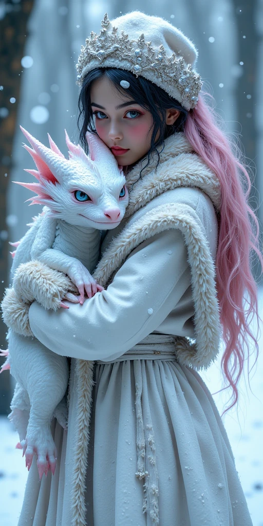 Beautiful young woman, long hair pink and black hair,winter outfit, realistic blue eyes, supernatural - fantasy animal Small baby withe dragon Snow white, fantasy realistic,She takes him by the arm & cuddle her snow withe Drogen, she kiss him on the cheek