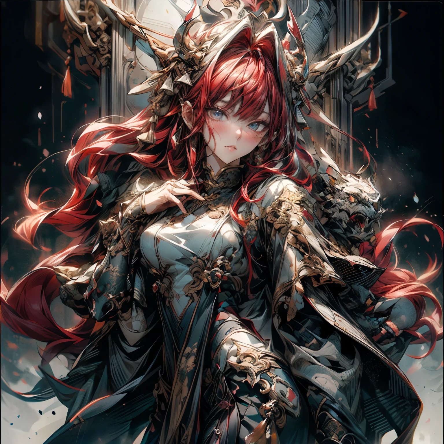 ((best quality)), ((masterpiece)), (detailed), perfect face official art, unity 8k wallpaper, ultra detailed, beautiful and aesthetic, masterpiece, best quality, (zentangle, mandala, tangle, entangle), (fractal art:1.3) , 1girl, extremely detailed, dynamic angle, cowboyshot, the most beautiful form of chaos, elegant, a brutalist designed, vivid colours, romanticism, Bloodborne inspired, occult aesthetic, occult, detailed and intricate steampunk and detailed gothic, NSFW, Very dramatic and cinematic lighting, cosmic horror, grim-dark, side-lighting, perfect face, a beaituful goddess valkyrie adorned and enshrined in armour, Bloodborne inspired valkyrie, occult aesthetic valkyrie, occult valkyrie, detailed and intricate steampunk and detailed gothic valkyrie, wielding a sword and holding a shield, NSFW, Fluttering lace flared long knee length dress with frilly petticoats, knee length dress, pleated petticoats, lolita dress, petticoats gothic lolita, side-lighting, gothic lolita aesthetic, beautiful small breasts, small breasts, full body, whole body, body, NSFW, full body, whole body, head-to-toe, Vivid colors, detailed armor, engraved metallic armor white and black with gold ascents , intricate designs on the armor, intricate armor engravings, imposing and powerful stance, fierce , flowing hair, dynamic pose, intense battle scene, fantasy setting, vibrant colors, dramatic lighting, epic atmosphere, mythical creatures in the background, magical effects surrounding the sword, attention to anatomy and facial features, iconic use of highlights and shadows, capturing emotion, masterful composition, portraying strong female characters, (1 Men 1.5),Hades,The Grim Reaper armed with a giant scythe,,(Hairstyles: Red curls,),Beard, Roman mythology,8k wallpaper,finely quality eyes,Right eyes,correct hand, Ultra-detailed, Beautiful and aesthetically pleasing, best qualityer, (s fractal art: 1.3), Machine detailed, dynamic angle, Cowboy shot, The most beautiful forms of chaos, e