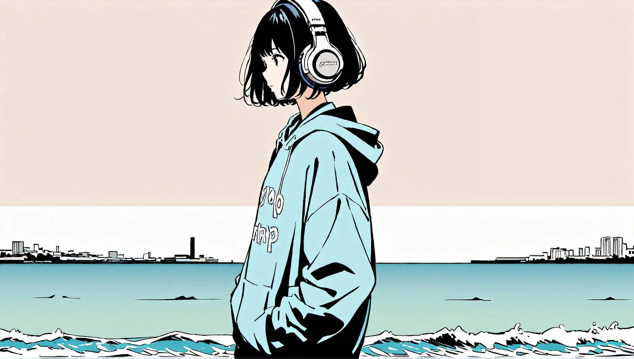 (( black and white images)),( flat color)),masterpiece, ((( headphones))),((Foosengum))、Highest quality, Beautiful attention to detail, Very detailed, In detail, High resolution, Perfect Anatomy, , , girl, (one person:1.5), alone, (( Black Shorthair )), ( wears a hoodie ), (( simple ocean background ))), Background, (City Pop anime),  Kyoto Animation, ,anime, 