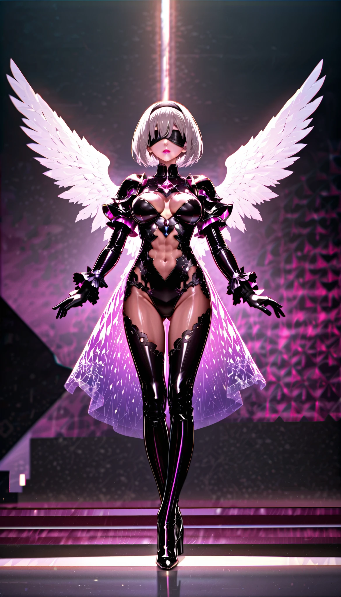 ( one girl, Alone, Alone), (Detailed depiction of Yorha's .2 Type B, 2b, one girl, Alone, short hair, gray hair, hair band, blind fold above gemst, Cover your eyes , black blind fold above gemst), ((Alone, ( 1 Woman , pink lipstick in it ), very detailed , Soft Indirect Lighting , 4K, perfect eyes, perfect face, perfect lighting, first girl )), (( fitness , , nice looking body , big and firm bouncing bust )) , ((armor, black skirt, black swimsuit, bodysuit , gold detail, gem, diamond, emerald, sapphire, Ruby, amethyst, high heels, More silver , angel, angelic, Magi , , Casting a Spell, well-shaped abdomen , Muscular Abs))