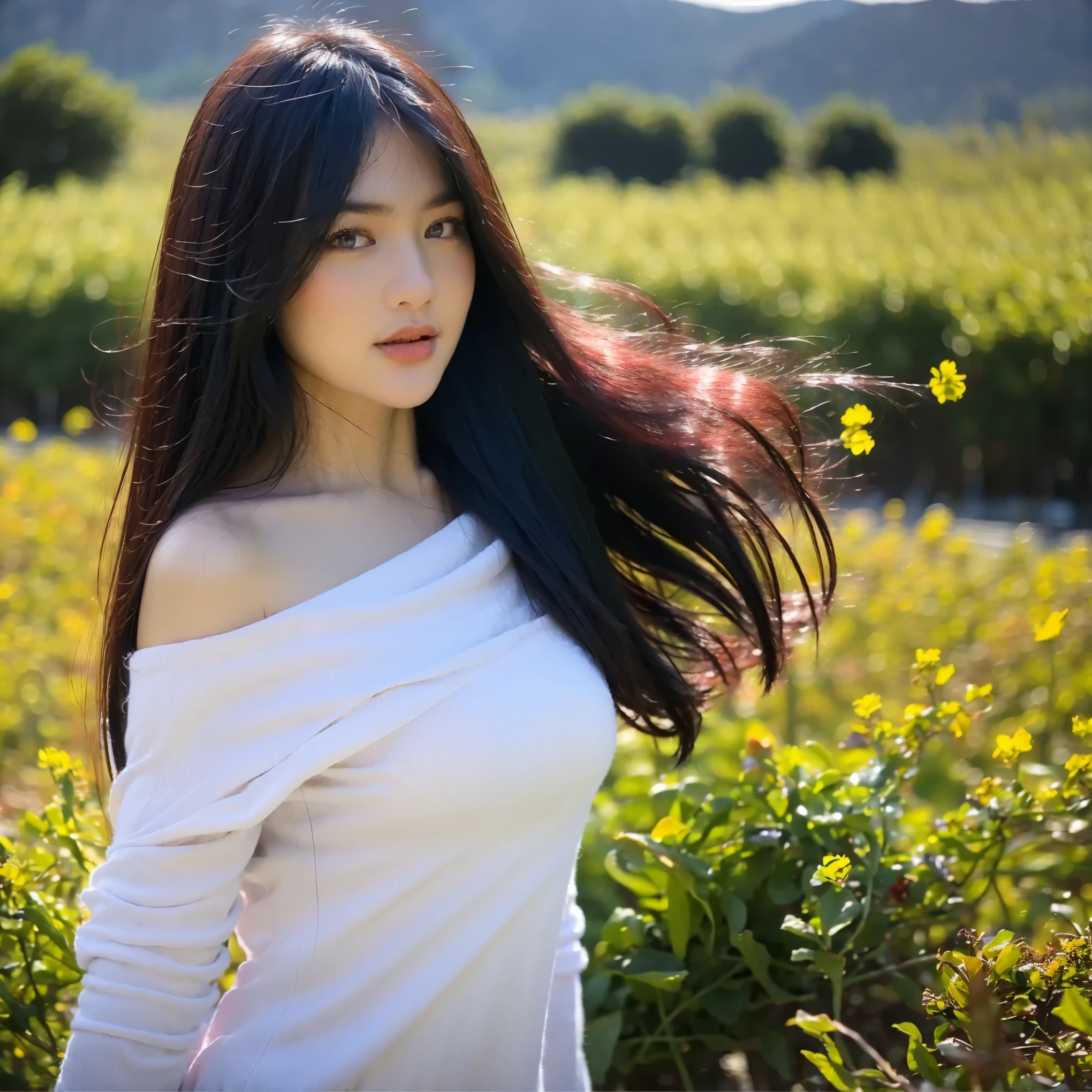 (masterpiece, best quality:1.2, 8k RAW photo, 1girl, solo, natural soft lighting), medium breast, standing in flower field, mountains background, upper body, looking at camera, the wind is flowing her hair