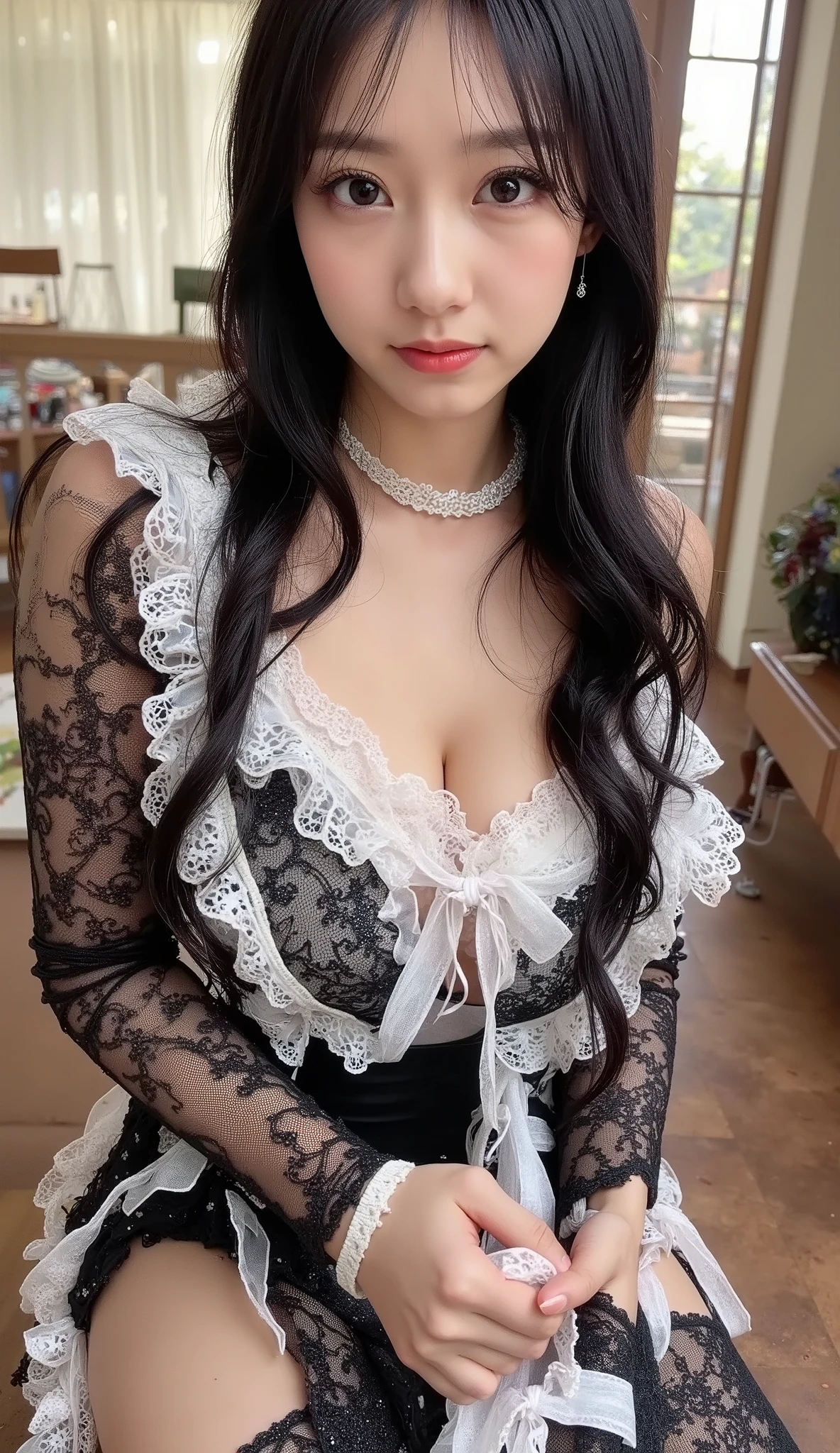 Best-quality, Masterpiece, Ultra-High-Resolution, (Photorealistic:1.4), Raw-Photo, Extremely-Detailed, Perfect-Anatomy, 1girl, 15-years-old, the most famous Japanese idol, wearing only sexy-Christmas-costume, having a lot of fun at Christmas home party, extremely cute face like the most popular Japanese idol, extremely beautiful big-black-solid-circle-eyes, extremely beautiful hair, extremely beautiful long-eyelashes, extremely beautiful lips, extremely beautiful white skins, extremely beautiful abundant cleavage, extremely beautiful thighs, looking at viewer, innocent smile, face focus, cowboy-shot, dynamic-pose, detailed sexy Christmas costume, detailed Christmas home party, detailed pleated skirt with Christmas design