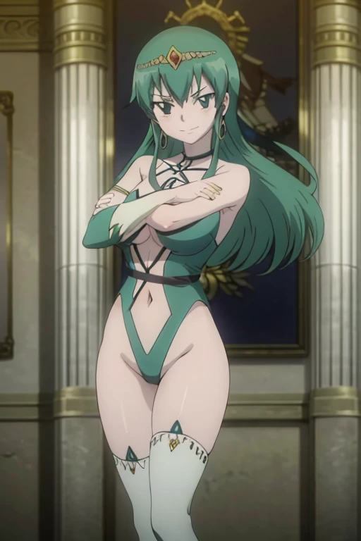 masterpiece, best quality, highly detailed, 8k, (pure grey background:1.2), anime, (2D:1.1), (1girl:1.2), 30-year-old queen, (athletic body:1.2), abs, (muscular:1.2), beautiful face, shining eyes, (long legs:1.2), red long hair, big breasts, wearing green stockings, wearing green long boots with high heels, slender waist, tight butts, cool, opening mouth, korean idol, (full-body image:1.2), (showing off her body:1.2)