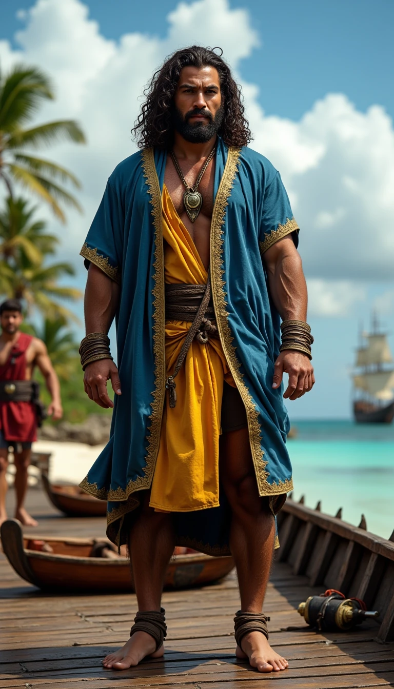 An illustrated movie poster, hand-drawn, full color, a male fisherman, 27 years-old, resembles Dean Cain, wearing buccaneer breeches and a shemagh scarf, fair skin, stocky physique, deep brown eyes, wide bulbous nose, black hair, curly quiff, thick bushy eyebrows, extremely hairy chest, stomach, and arms, lots of body hair, posing on a tropical beach, hard shadows, graphite shading, stencil markings, airbrushed acrylic paint, masterpiece, in the style of Lord of the Rings