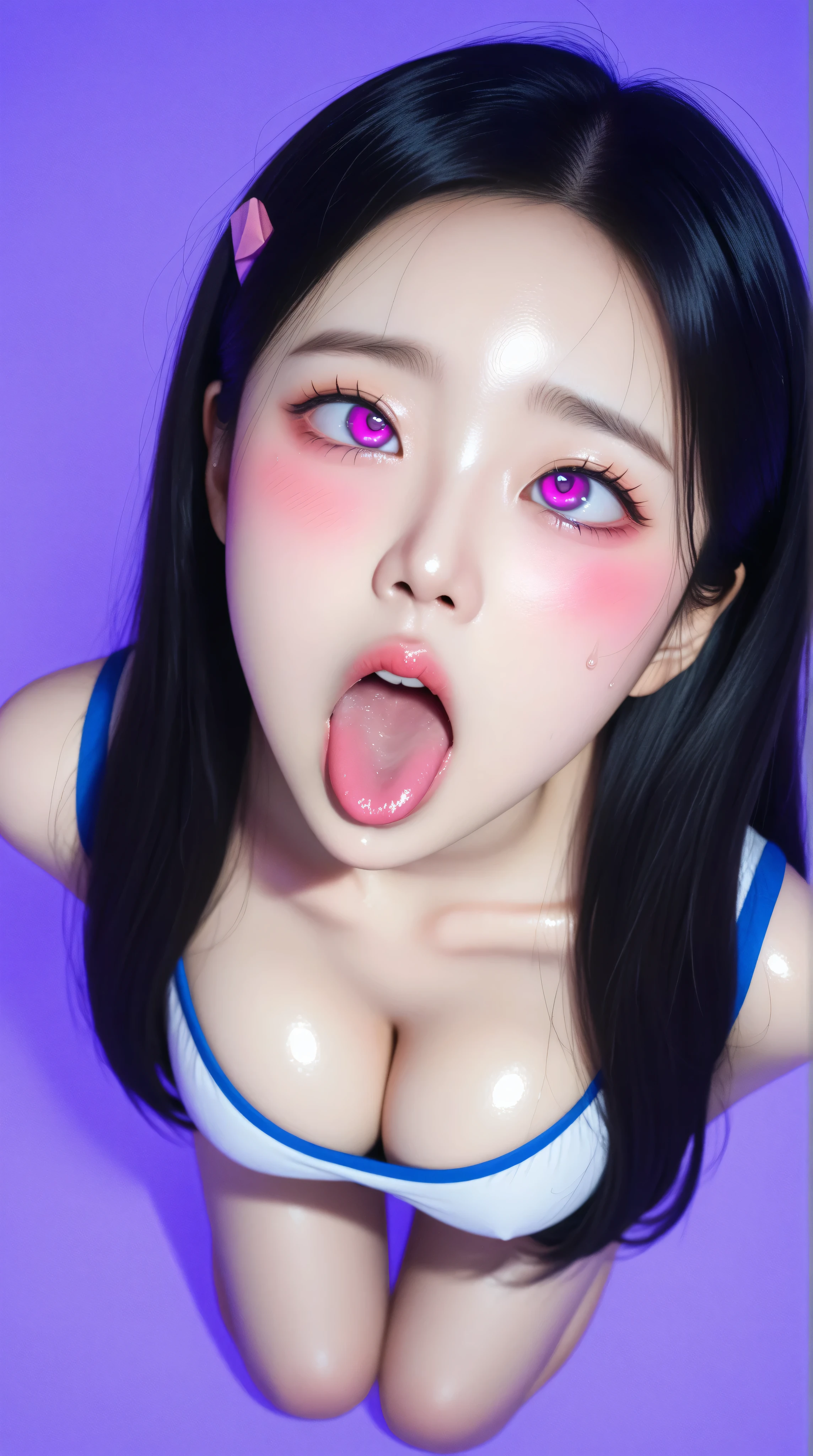 ((Ahegao)), (low lighting), (neon atmosphere), light background, nezuko komado, on knees, looking up, Black Hair, view from above, ((pink eyes)), big detailed eyes, ulzzang, cleavage, big breasts, orgasm, sweaty, heavy blushing, Kizi girl,Highly detailed, Amazing work,Vitreous luster,((clean backdrop)),In pink,(((blue colors))),purple color,red colour,Best quality at best,clean backdrop, shiny skin, very young korean girl, petite, slender, perfect breasts, sexy, heavy blushing, submissive, plain background, blue background, red background, purple background, blowjob,