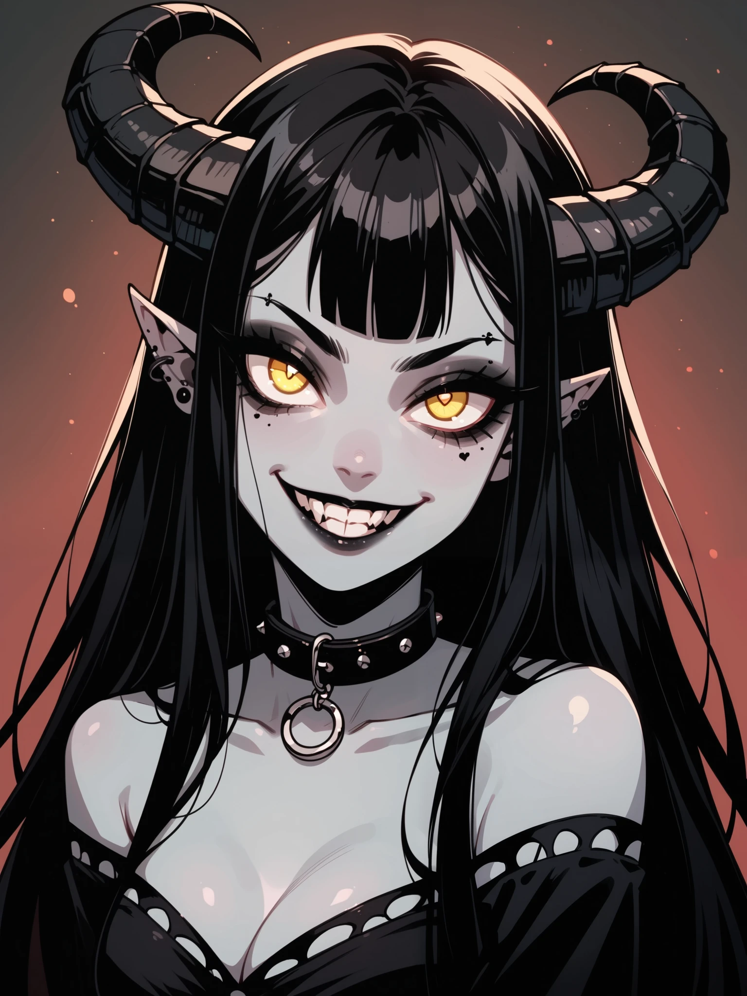 A tiefling, sexy ,grey skin, cute face, big black curved horns, score_9, score_8_up, score_7_up, score_6_up, 1girl, g4n1m3, gothic high-quality, looks at the audience , ( black long hair, Expressive yellow eyes :0.7, glowing yellow eyes ), seductive eyes, smile, collar, ((sfw)), gothic clothing , Facial focus , (grind your teeth ), (devious smile, cunning eyes)