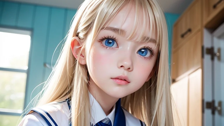 Beautiful blonde cute girl 15 years old、Sexy and very beautiful cute face、Big, bright blue eyes that sparkle beautifully、Very long, dazzling, beautiful, blonde, silky, shiny hair、Super long straight silky hair、Bangs between the eyes、Bangs that hang down in the face、uniform、Small Face Beauty、Glowing Skin、Cheek highlighter、White skin、Radiant Skin、Round face