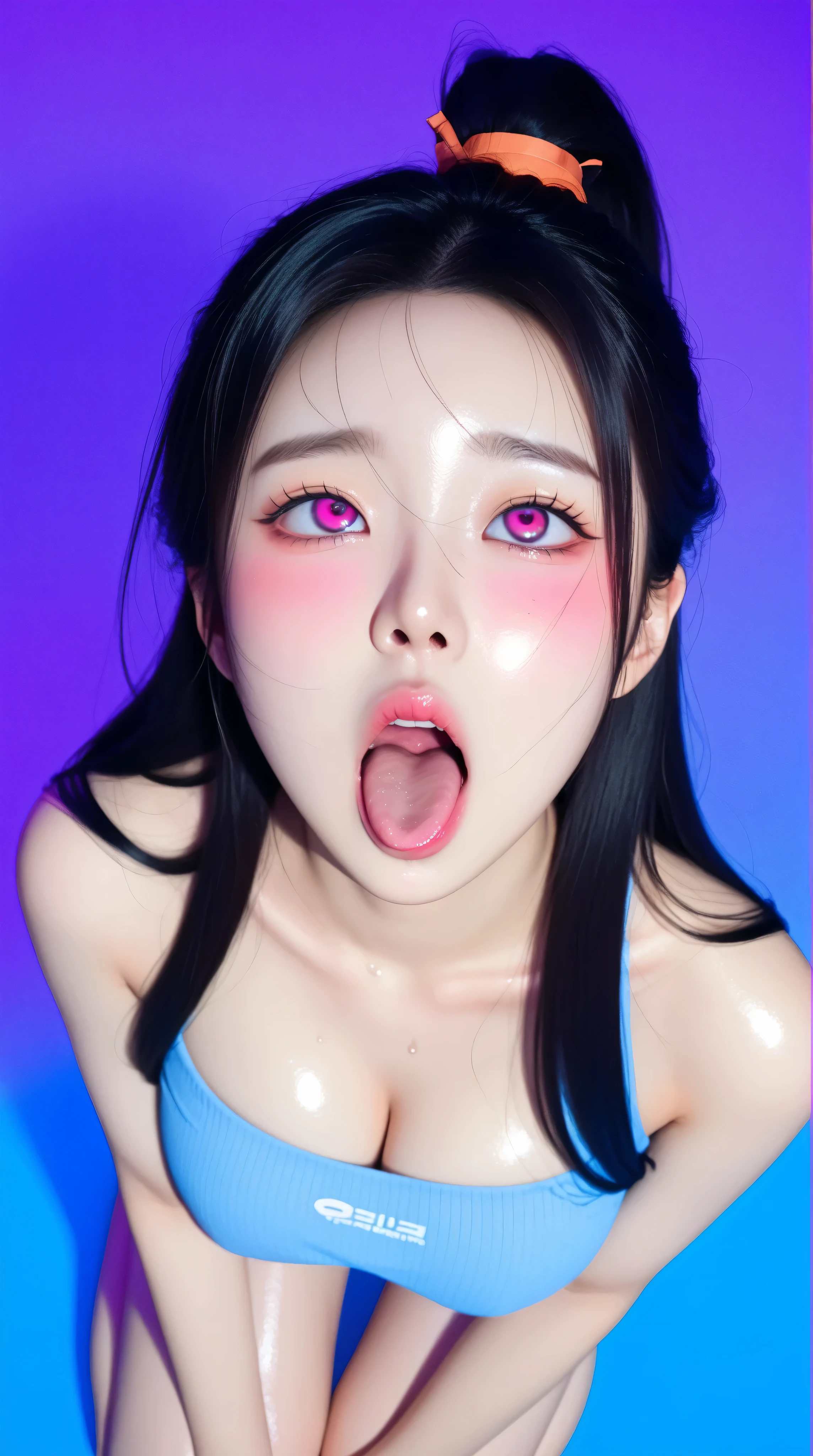 ((Ahegao)), (low lighting), (neon atmosphere), light background, nezuko komado, on knees, looking up, Black Hair, view from above, ((pink eyes)), big detailed eyes, ulzzang, cleavage, big breasts, orgasm, sweaty, heavy blushing, Kizi girl,Highly detailed, Amazing work,Vitreous luster,((clean backdrop)),In pink,(((blue colors))),purple color,red colour,Best quality at best,clean backdrop, shiny skin, very young korean girl, petite, slender, perfect breasts, sexy, heavy blushing, submissive, plain background, blue background, red background, purple background, blowjob,