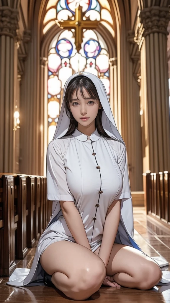 (Masterpiece, Young Nun), (High Quality, Spiritual Figure), (Female Character, Religious Icon), (Detailed Attire, Habit), (Nun's Veil, Covered Head), (Bare Neckline, Modest Plunge), (Natural Complexion, Radiant Skin), (Soft Lighting, Holy Sanctuary), (Realistic Texture, Fabric Wrinkles), (Deep Focus, Close-up Portrait), (Young Face, Innocent Expression), (Hands, Holding Rosary Beads), (Gazing into the Distance, Contemplating), (Serene Environment, Monastery), fully clothed, covered breasts, covered areola, covered nipples