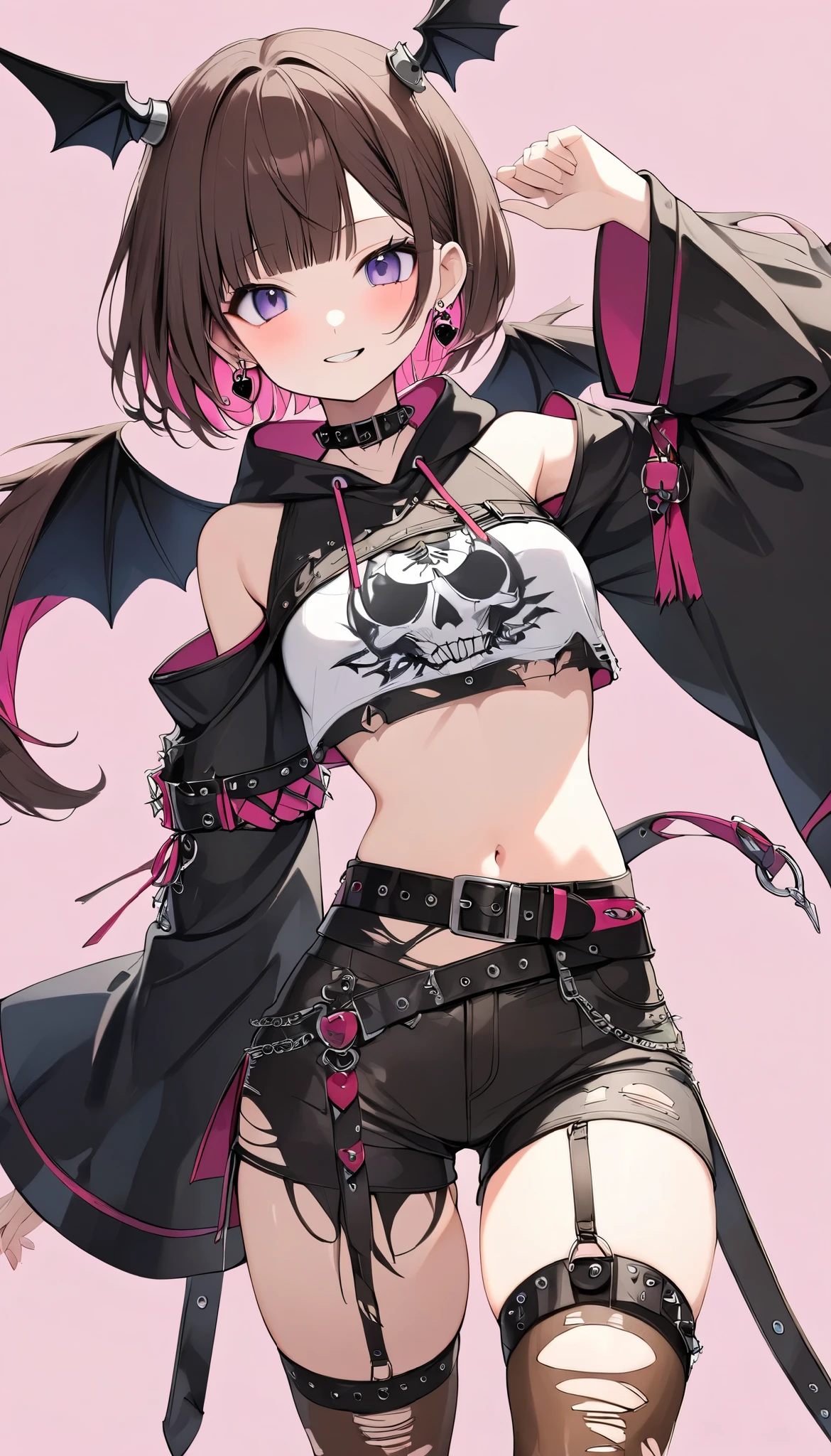 (Official art、Best Quality、Unity 8k Wallpapers、32K、 masterpiece、ultra-detailliert、High resolution,Perfect Anatomy),(natural soft light:1.2),Detailed beautiful face and eyes,best cel anime,20-year-old beauty、japanes、(bob hair),black hair,black eyes,smile,skinny:1.2,ideal ratio body proportions:1.2,tiny breast,gleaming skin,((punk fashion:1.5)、a miniskirt、cyber punk,Bustling street、