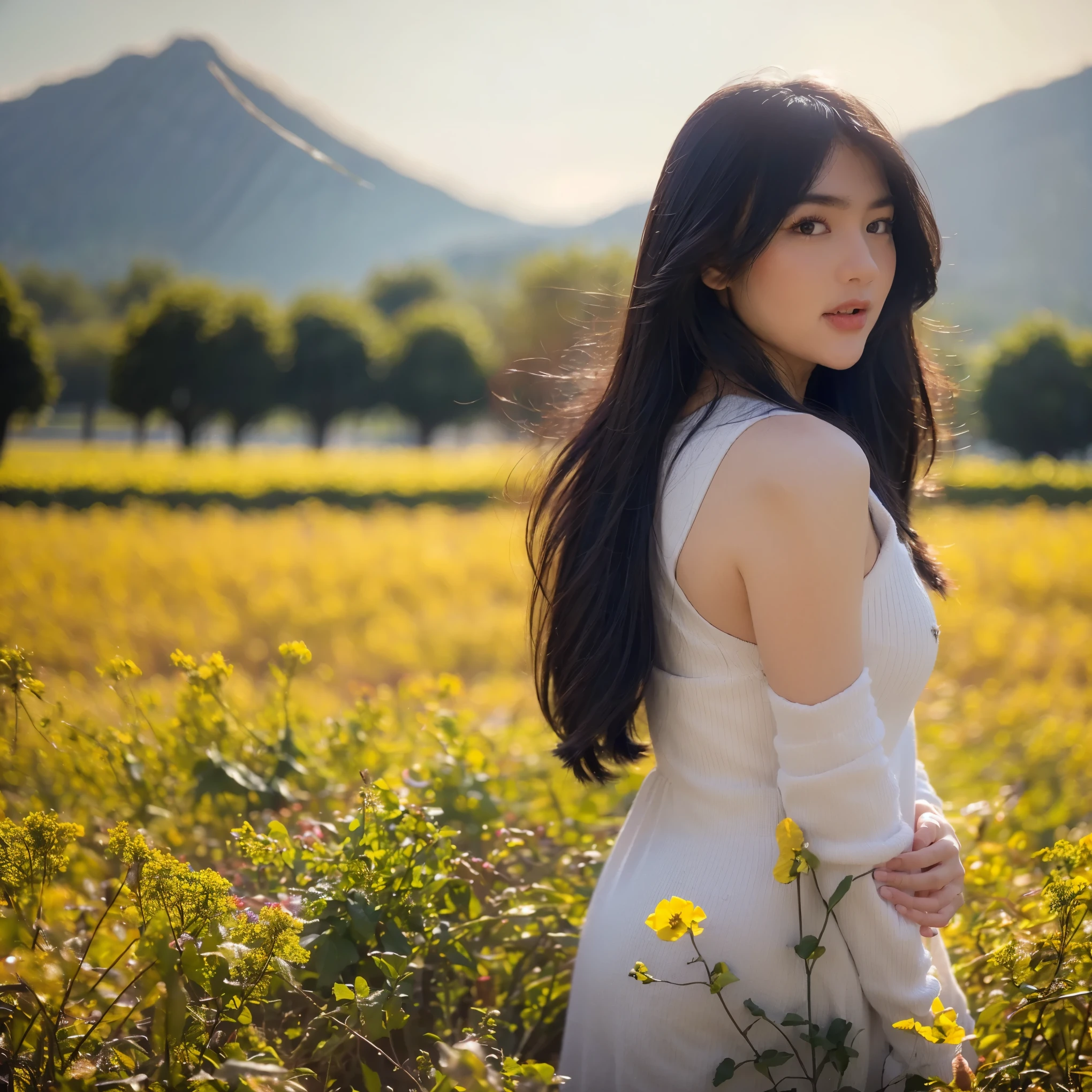 (masterpiece, best quality:1.2, 8k RAW photo, 1girl, solo, natural soft lighting), medium breast, standing in flower field, mountains background, upper body, looking at camera, the wind is flowing her hair
