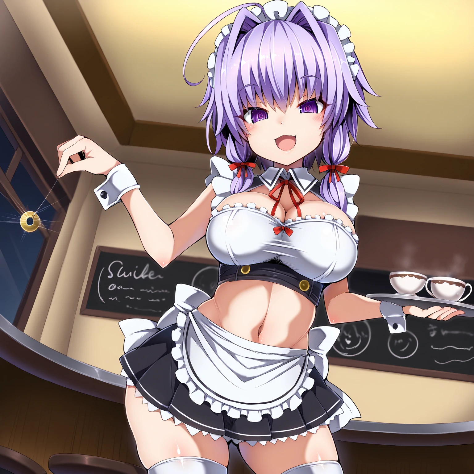 ,koneko toujou (dxd),Gray Hair,short hair,(Maid clothes:1.2),(cropped:1.5),Micro Mini Skirt,garter belt,(Embarrassed:1.5),blush,(Estr),(sexual exct:1.5),(Perfect hands),(Perfect Anatomy),(masterpiece),(highest quality),Coffee shop,One man