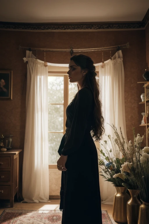 Hyperrealistic 8K Intimate portrait of a young boho woman. She is standing in a room with vases of wilted flowers. The mood of the photograph is dark, mysterious and moody. --chaos 45 --style raw --profile srqqwvs --stylize 900 --v 6.1