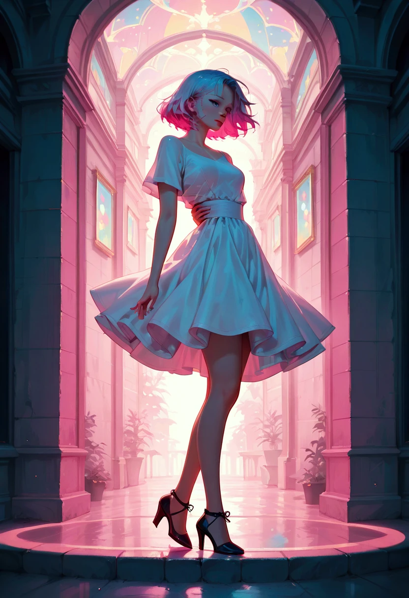 A beautiful woman with short hair, wearing a white dress slim, high heels, one hand on the waist, walking in a sexy way full body, digital illustration 