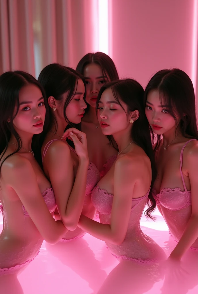 (photorealism:1.2), 6 beautiful young harem girls,  nude, big breasts, Pretty perfect faces like kendall jenner and young Jennifer Connelly and young Brooke Shields, straight hair, looking at me, flirtatious and provocative with me, in pink Jacuzzi in pink luxurious bathroom of pink palace, realistic, intricate details