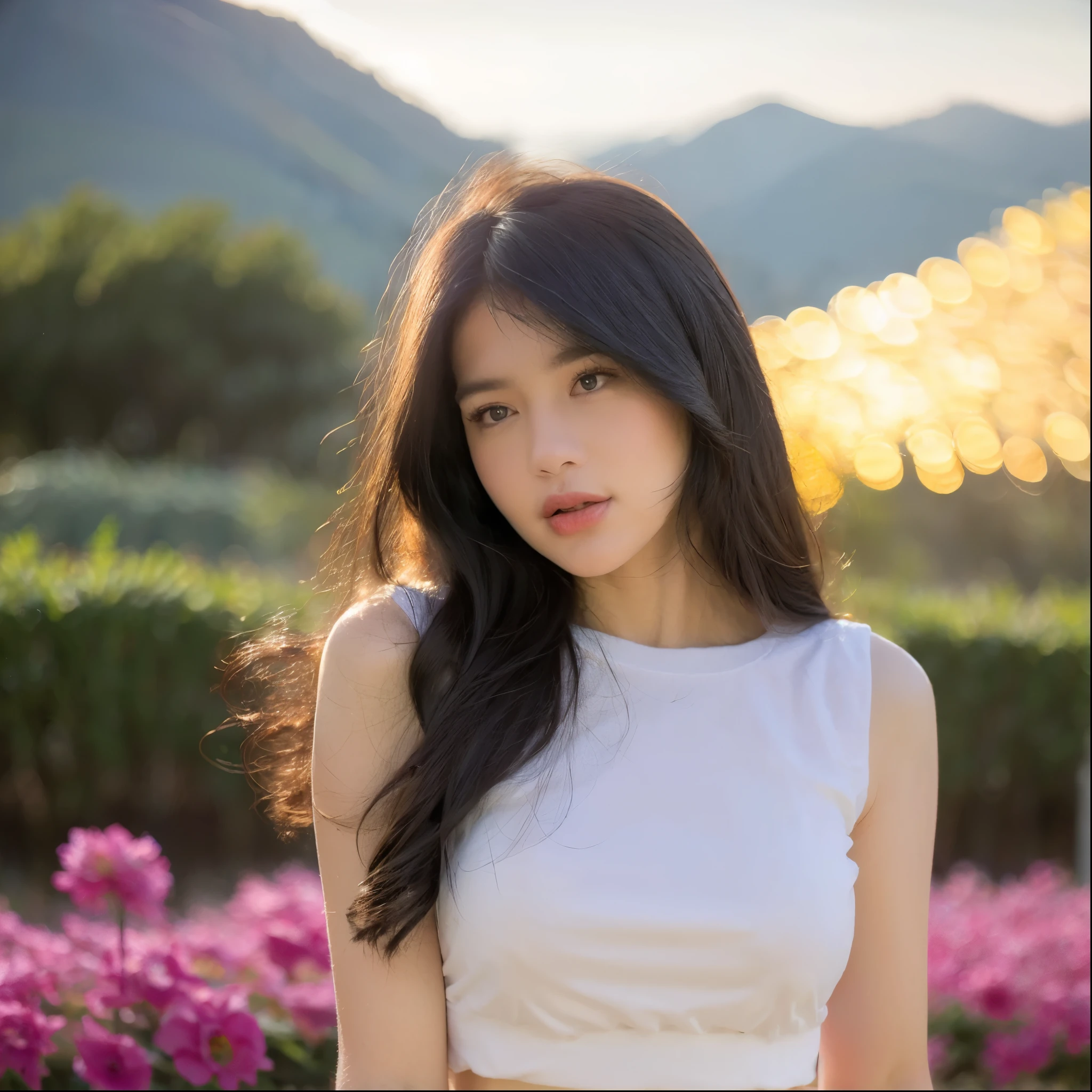 (masterpiece, best quality:1.2, 8k RAW photo, 1girl, solo, natural soft lighting), medium breast, standing in flower field, mountains background, upper body, looking at camera, the wind is flowing her hair