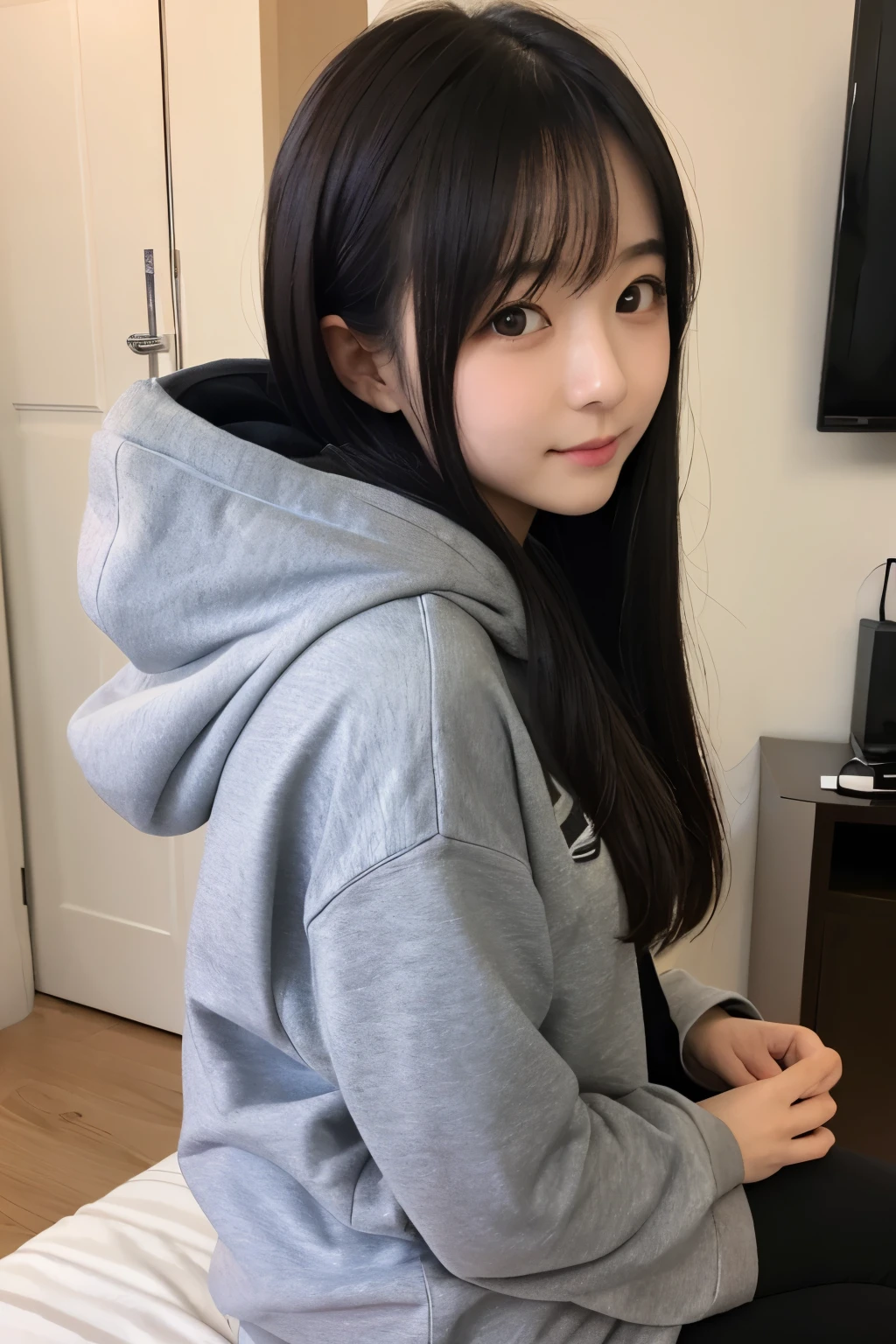 1girl, black medium hair, heterochromia, red eye, green eye, inumimi, dogs ears, gray sweatshirt, :3, little fangs