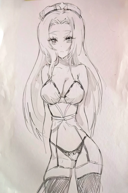 masterpiece, Acura, One girl, alone, , White Background, Monochrome, Line art, Long Hair, Completely naked, Nipples