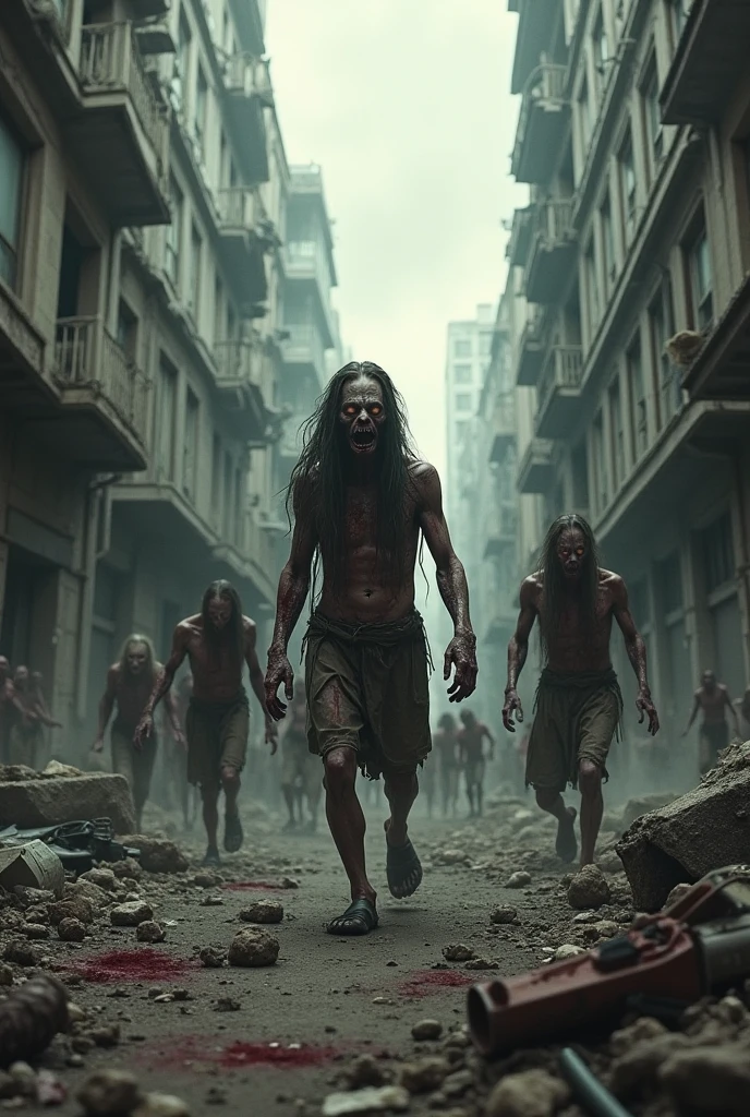 A group of sexy male and female Zombies standing, creepy realistic ruined city, car on fire