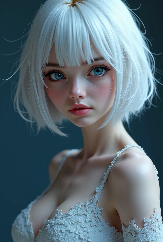 Hot teenage girl with white hair in a bun with blue eyes and earrings and big boobs naked full body