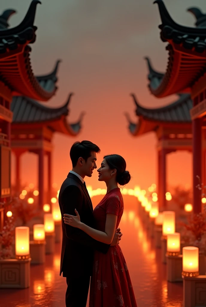 scenery,east_asian_architecture,(multiple girls:1.2),sky,night,(tower:0.6),outdoors,