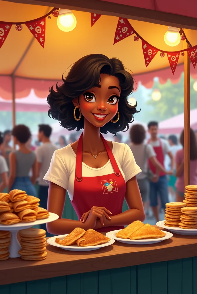 Une femme noire qui tient un stand de
crêpes, des sandwichs et des miniardises