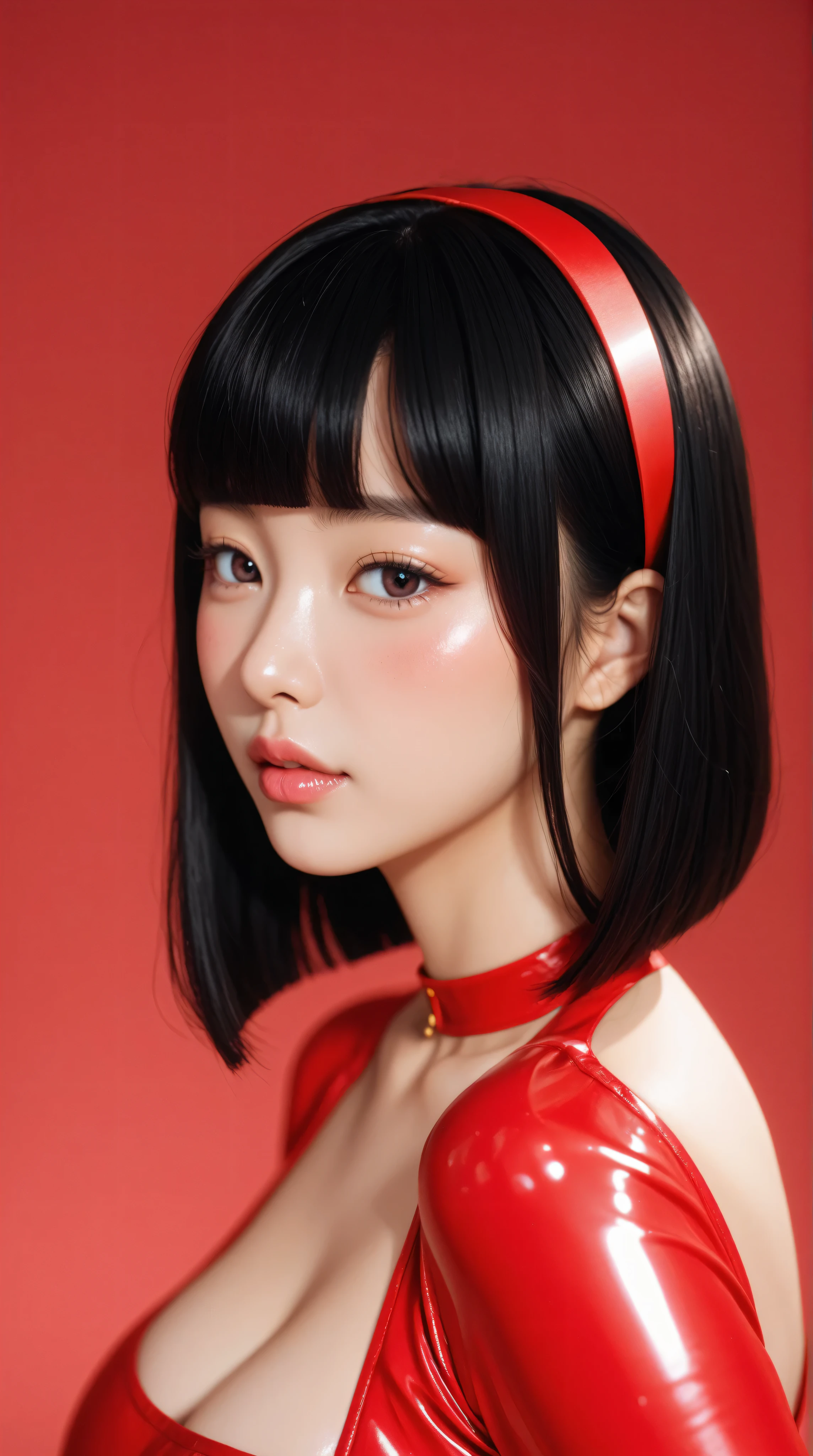 nudet、Thick lips、depression、20 years old、woman、 black hair 、 red cheeks 、 pink lips、 long straight hair、Bob、hime cut、 simple background、Kizi girl，Highly detailed, Amazing work，Vitreous luster,((clean backdrop))，In gold，(((red colors)))，blacks，Best quality at best，clean backdrop, shiny skin, very young korean girl, petite, slender, sexy, heavy blushing, submissive, plain background, red background, gold background, black background, high fashion, huge breasts, retro pinup girl style, 