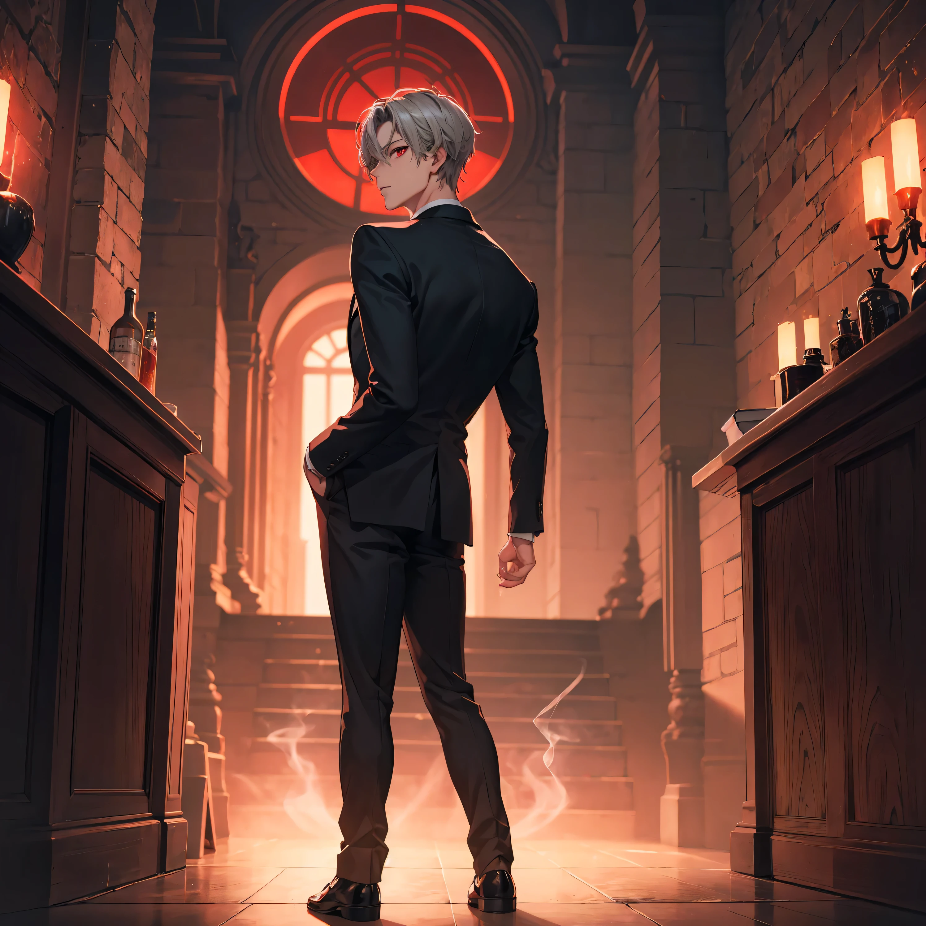 1boy, short grey hair, red eyes, wearing all black suits, castle with red lights, high res, ultrasharp, 8k, masterpiece, midnight time, smoking cigarettes, looking at viewer from behind