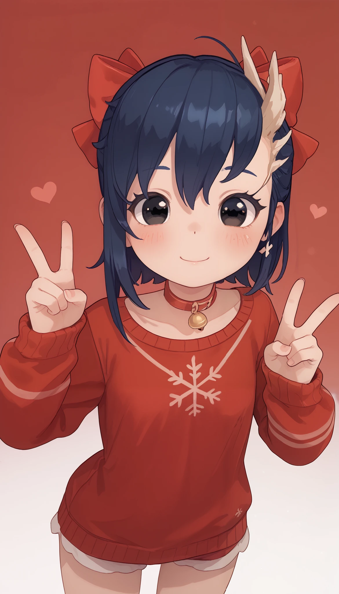 1 (TinyMita), restored face, cute face (dark blue hair), small, short, (li), cute smile, blush, (black eyes), (red hair bow), red Christmas sweater, wide line art, simplistic, cute, cute pose, v sign, simplistic background