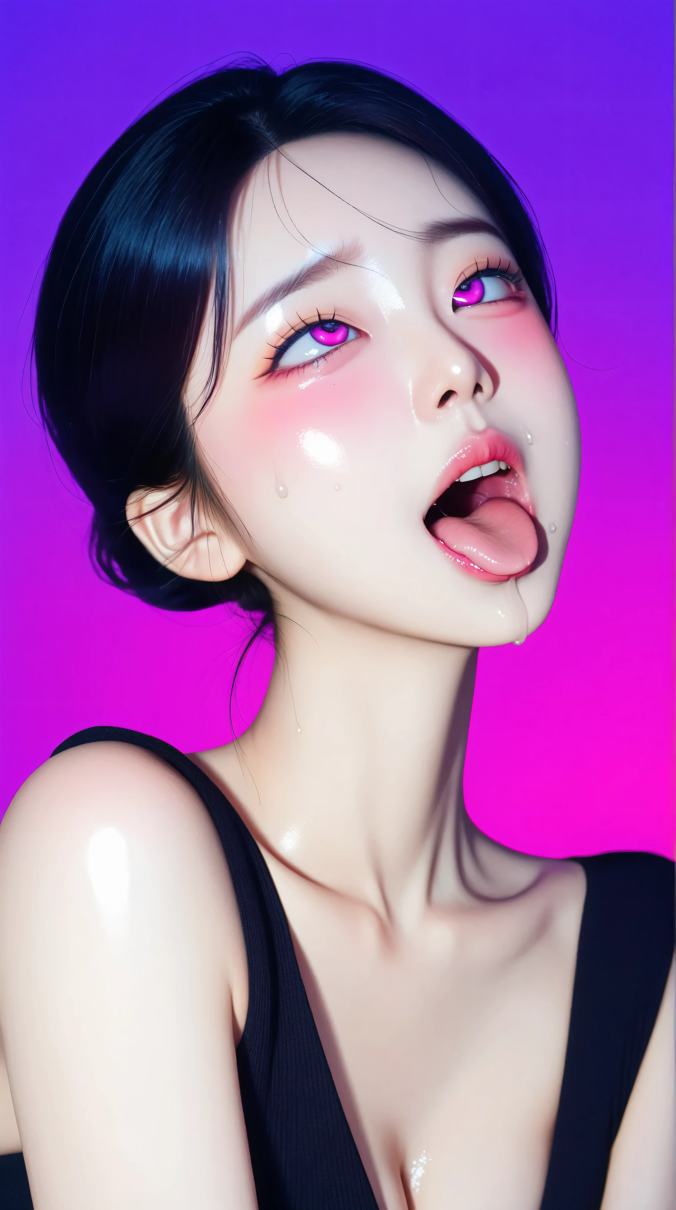 ((Ahegao)), (low lighting), (neon atmosphere), light background, nezuko komado, Black Hair, ((pink eyes)), big detailed eyes, ulzzang, cleavage, big breasts, orgasm, sweaty, heavy blushing, Kizi girl,Highly detailed, Amazing work,Vitreous luster,((clean backdrop)),In pink,(((blue colors))),purple color,red colour,Best quality at best,clean backdrop, shiny skin, very young korean girl, petite, slender, perfect breasts, sexy, heavy blushing, submissive, plain background, blue background, red background, purple background,