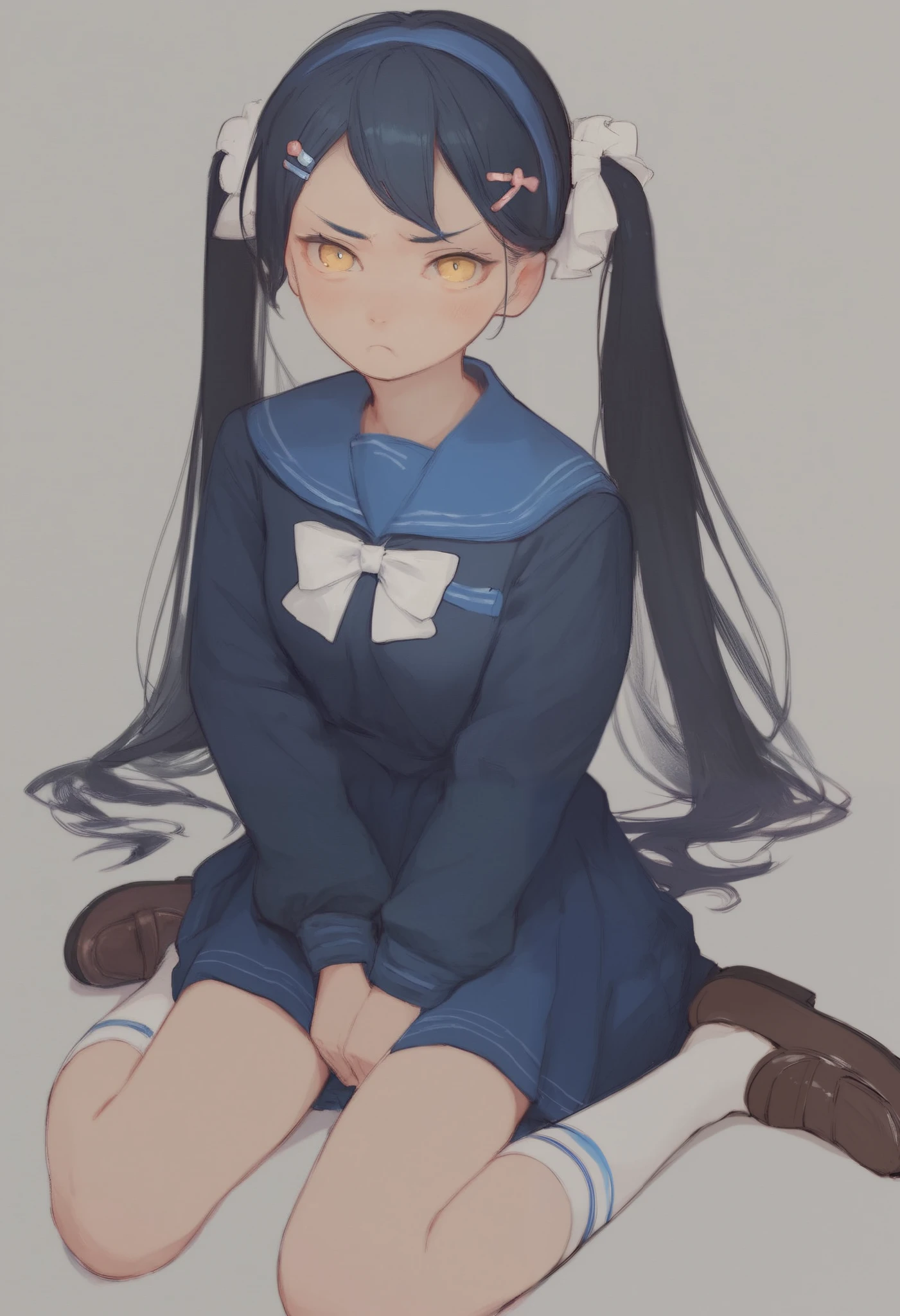 1girl,pout,blush,simple background,
1girl,blue hair,hair ornament,hairband,hairclip,black hair,long hair,twintails,hair scrunchie,yellow eyes,blue hairband,black uniform mechanic .😂😂engineering,low twintails,white socks,blue serafuku,brown footwear,loafers,long sleeves,blue sailor collar,hair ribbon,white bow,looking at viewer,Medium breast,Arms crossed,