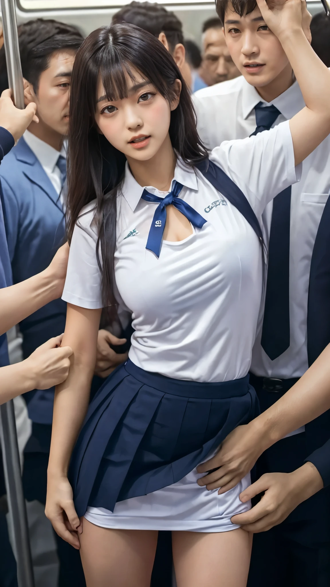 (Crazy behavior:1.8), Japanese women fighting octopuses, , ( medium breasts), ( white short sleeve shirt, dark blue neck ribbon , short pleated skirt , beautiful dark brown hair, bangs, :1.2), ( chest grab), On the Train, ((Grab my ass)), (( multiple men around her grab her chest, A man grabs her crotch)), chest grab, Multiple arms, Masterpiece, best quality , very detailed , Crazy behavior, Crowd of business people, Crowd surfing, Very realistic face, Very realistic eyes, (A crowd of guys around her), ( Person who grabs the body ), ( they compressed her breasts ), Crazy behavior, Masterpiece, best quality , very detailed , 1 girl, Multiple arms, (Her butt is grabbed by a crazy crowd ), chest grab, (The men around her, Pressed her body), (A lot of businessmen grab a woman's chest ), gets hit, pulls clothes, very wet and sweaty in a tropical pool, (Grab clothes), ( There are no women in the crowd:1.5), Man wearing a tie, ( Complete anatomy:1.3), ( detailed hands :1.3, perfect right hand:1.2), ( Detailed Eyes and Faces :1.3, Professional photography),