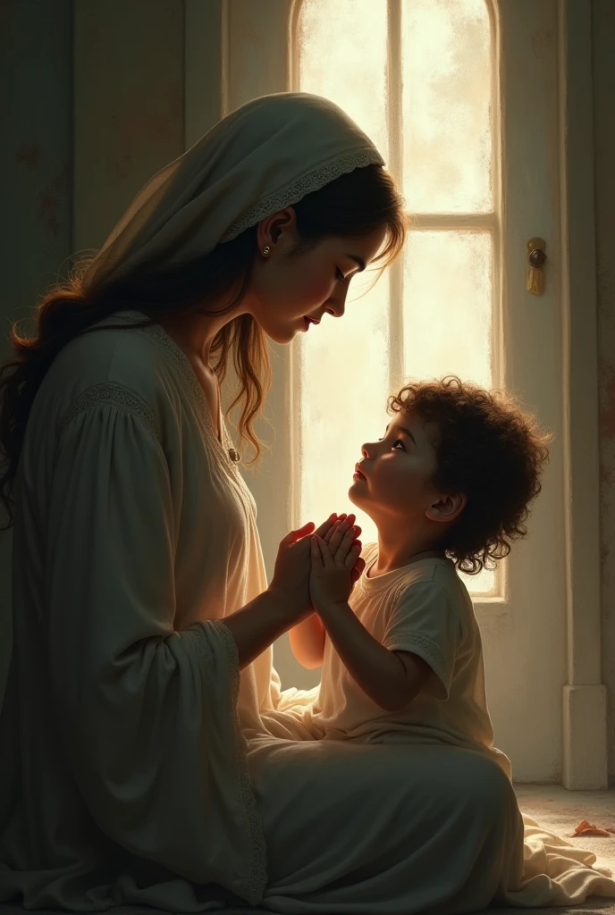 Une jeune femme qui prie a genou avec son fils de 7 ans