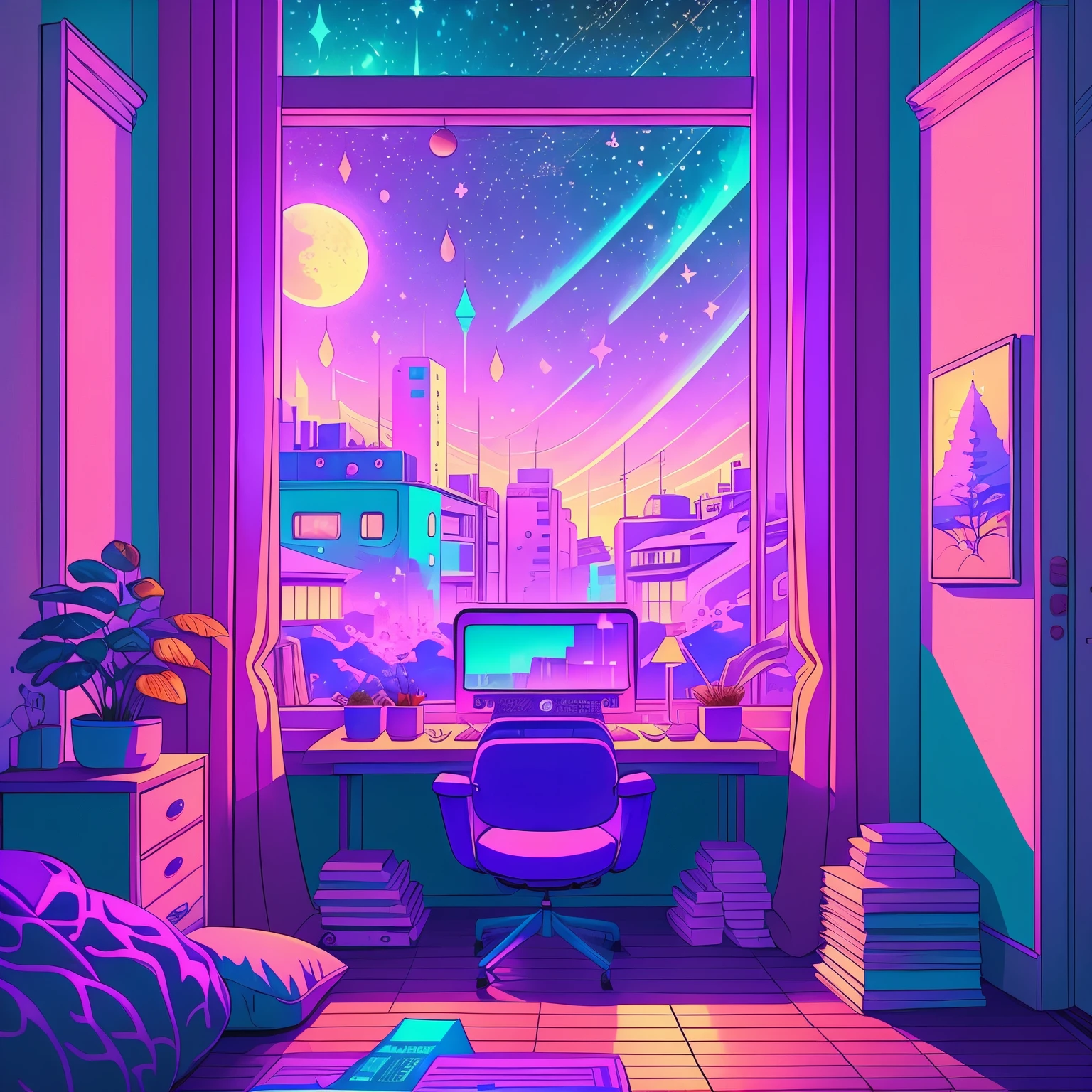 This is a (((lofi anime art print))) of a dreamy and soft y2k bedroom. The bedroom is cozy and nostalgic. ((The lofi and y2k aesthetic are important.)) Include a cluttered desk and bookcase filled with vintage charm. Include a retro computer on the desk. ((There are no people in this image.)) A prominent window in the serene bedroom overlooks a simple pastel city twinkling with stars and a mesmerizing meteor shower. Bathe this artwork in pastel purples, blues, and pinks, creating a dreamy, whimsical, and soft atmosphere. Peaceful mood, soft lighting, dreamy atmosphere, photographic, cinematic, intricate details, high quality, masterpiece, Art Lofi, Null Art Style, Lofi Sensation, portrait of lofi, Lofi Colors, null, lo-fi art, Lofi Vibes , Lofi atmosphere, Lofi hip hop, (Lofi Girl Aesthetics), computer aesthetic, ((dreamcore aesthetic)), (((y2k aesthetic))), y 2 k aesthetic, dreamy aesthetic, office background, background art, highschool background, gamer aesthetic, kawaii aesthetic, wallpaper aesthetic, dreamy illustration, soft aesthetic, cyber aesthetic, magical colored theme, toon aesthetic, violet colored theme, light academia aesthetic